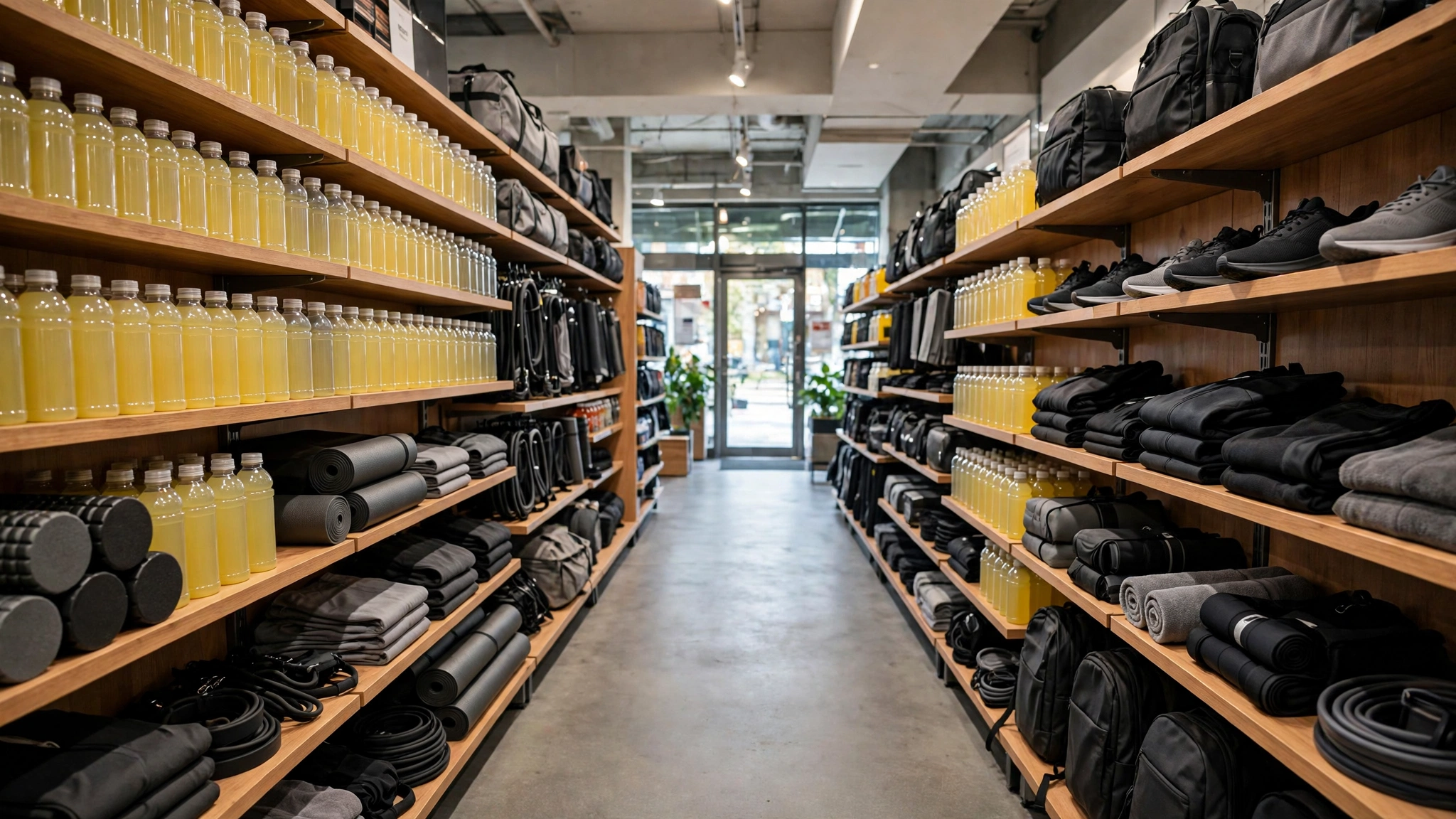 Shelves in a sports store stocked with unlabeled sports drink bottles and athletic gear