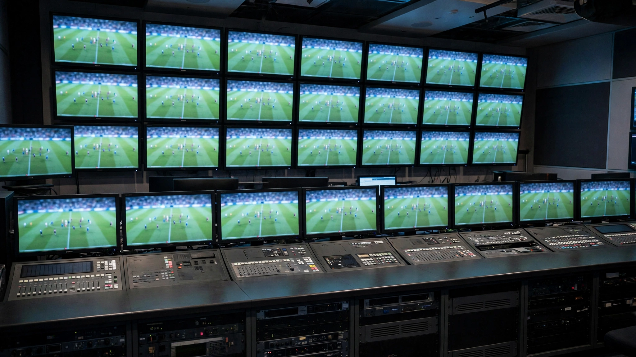 A television broadcast control room with rows of monitors showing a soccer match
