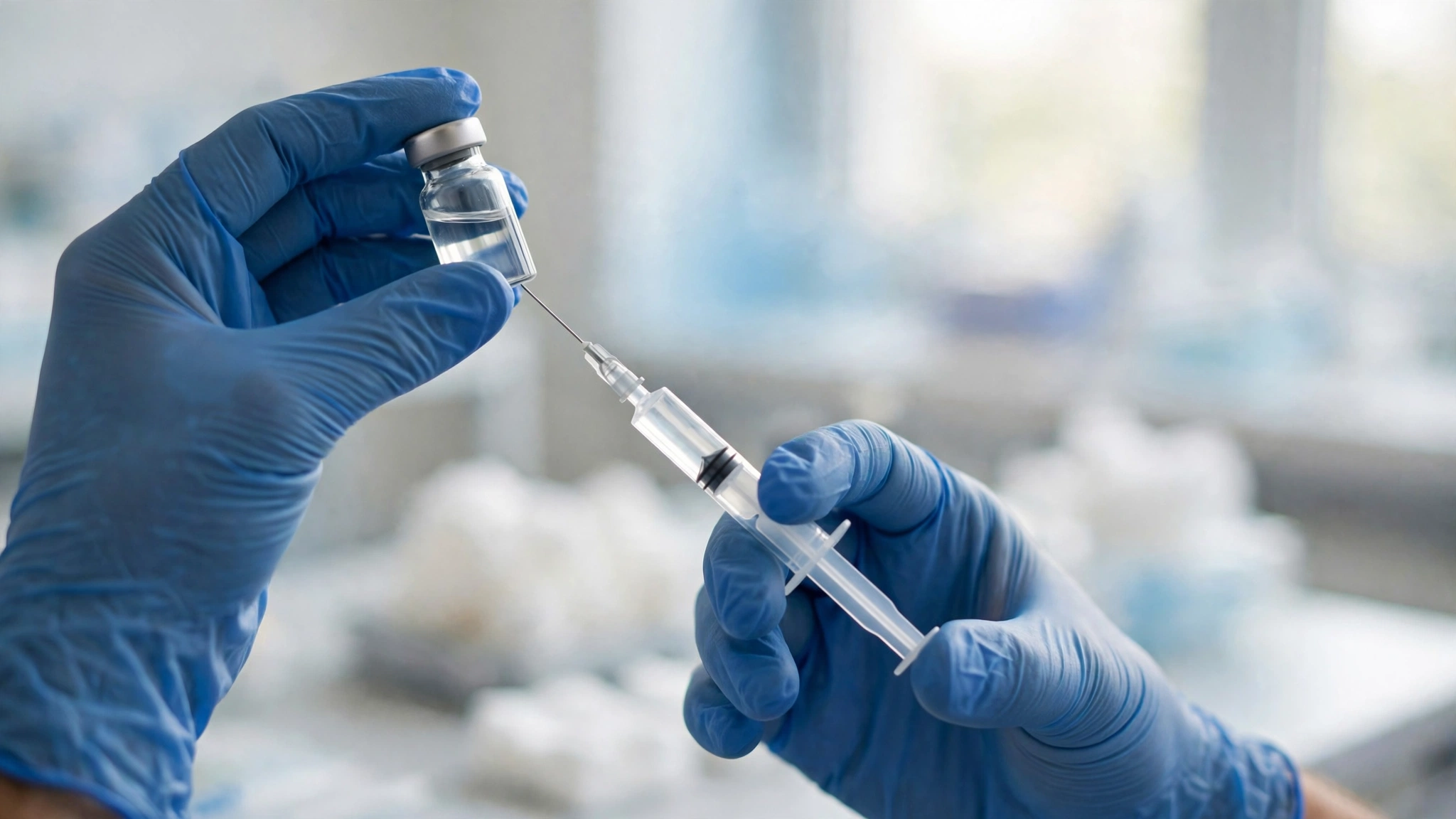 A nurse's gloved hands drawing liquid from a small glass vaccine vial into a syringe in a bright clinic room