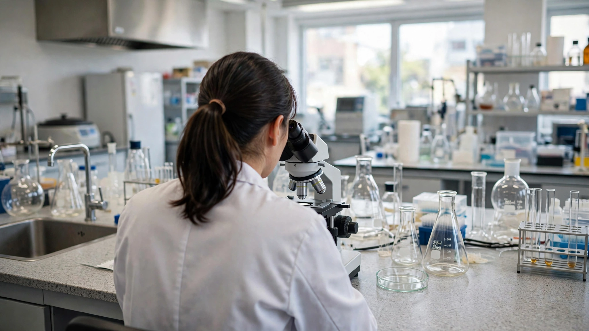 A medical researcher in a white lab coat, seen from behind, looking through a microscope in a laboratory