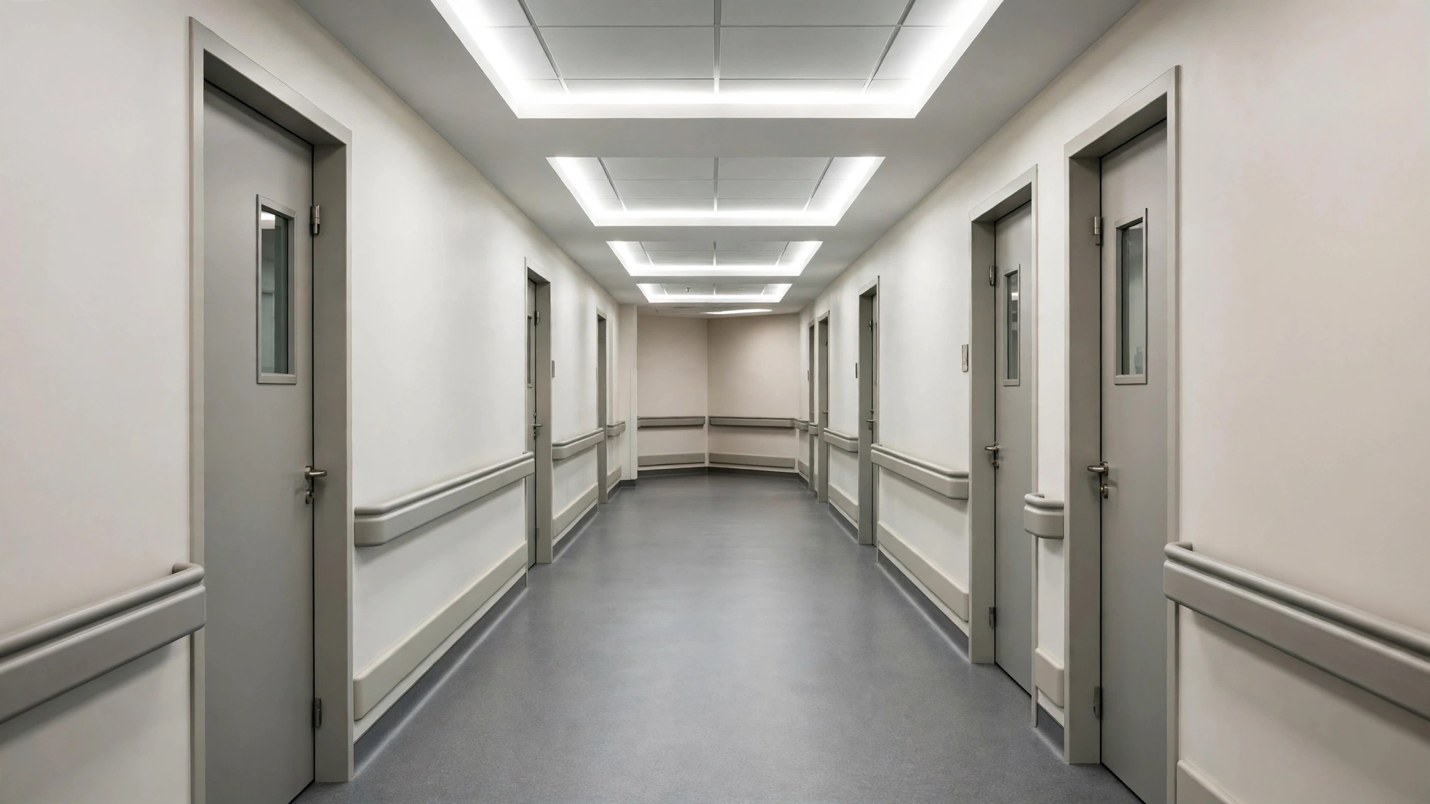 An empty, brightly lit hospital corridor with closed doors and wall handrails