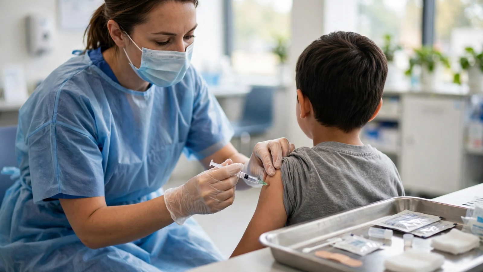 A nurse in a blue gown and surgical mask vaccinates a young boy's upper arm at a clinic.