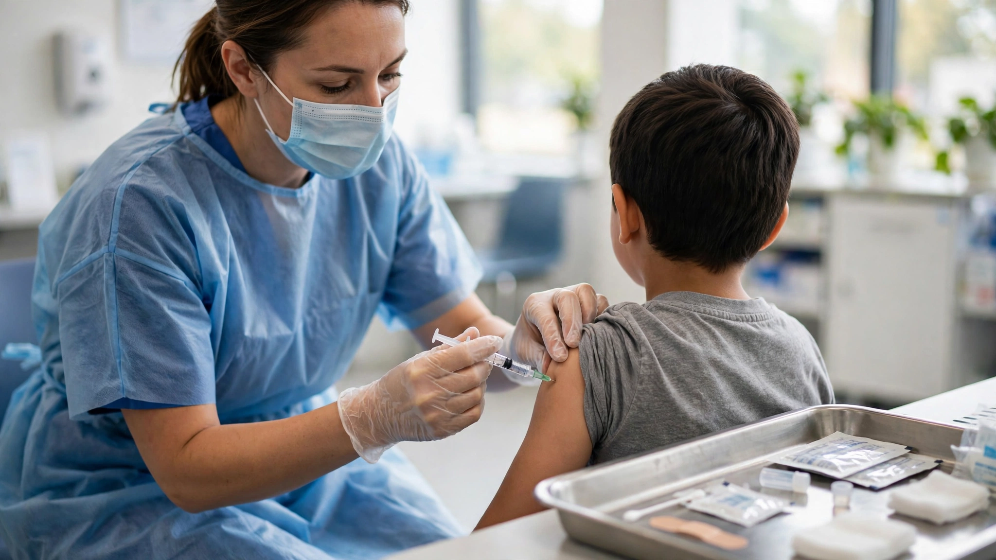 A nurse in a blue gown and surgical mask vaccinates a young boy's upper arm at a clinic.