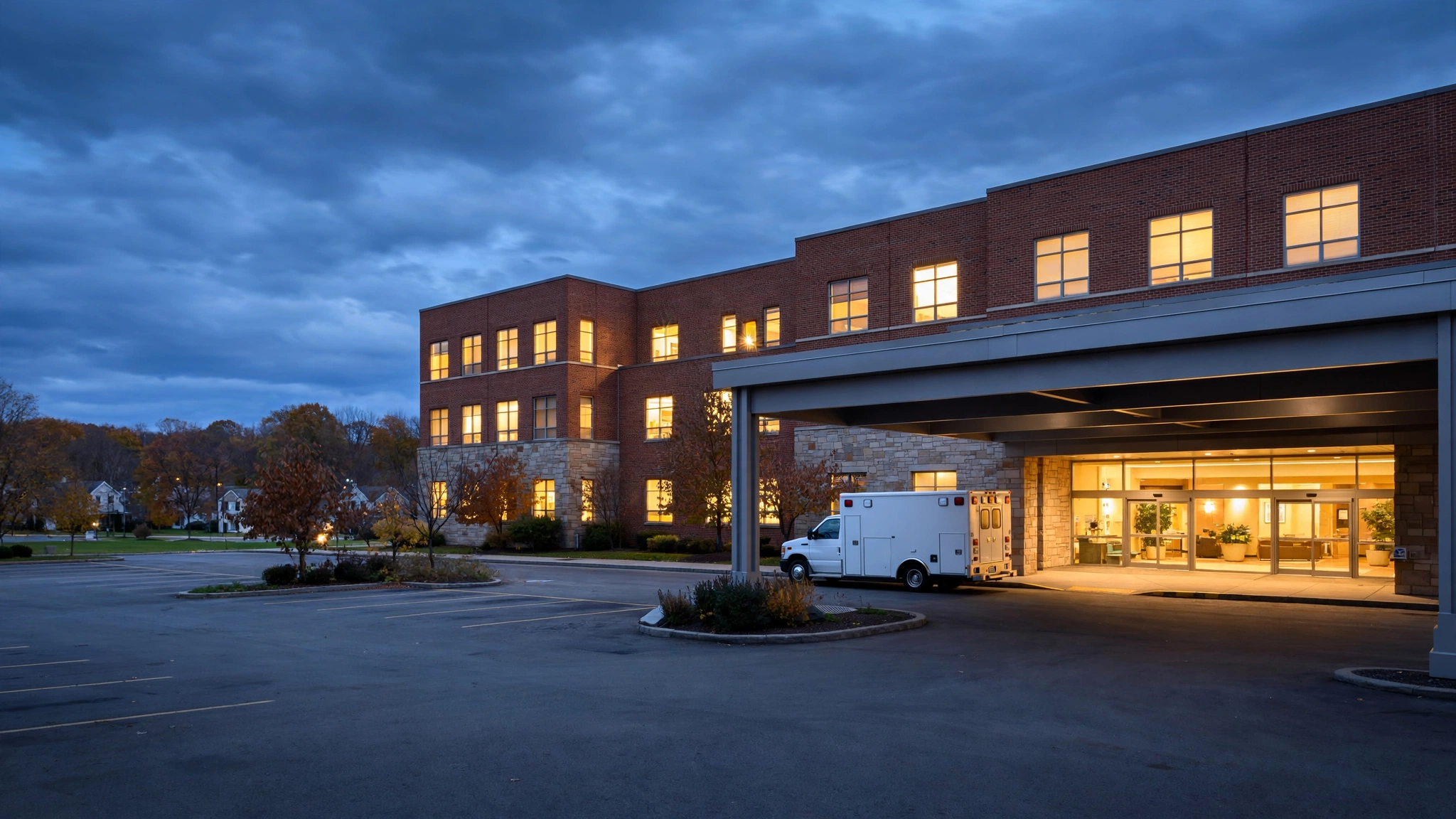 A suburban Pennsylvania hospital at dusk with an ambulance at the emergency entrance.