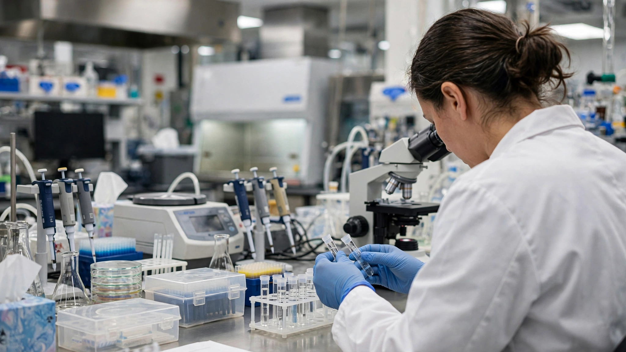 A public health scientist in a white lab coat handles sample vials in an epidemiology laboratory.