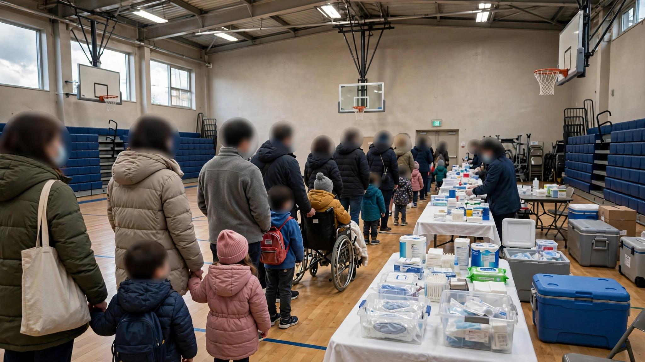 Families with children wait in line at a gymnasium converted into a vaccination pop-up clinic.