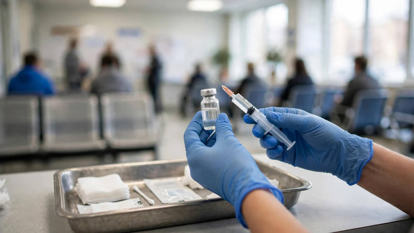 Gloved hands holding a vaccine vial and syringe over a metal tray in a bright clinic, with blurred waiting-area chairs in the background