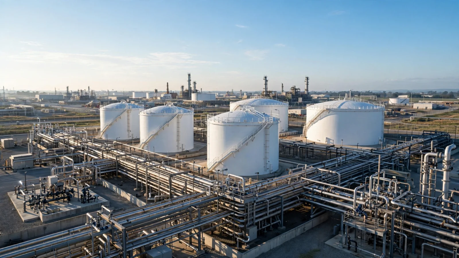 Large white crude oil storage tanks connected by metal pipelines at an industrial refinery terminal under a clear sky