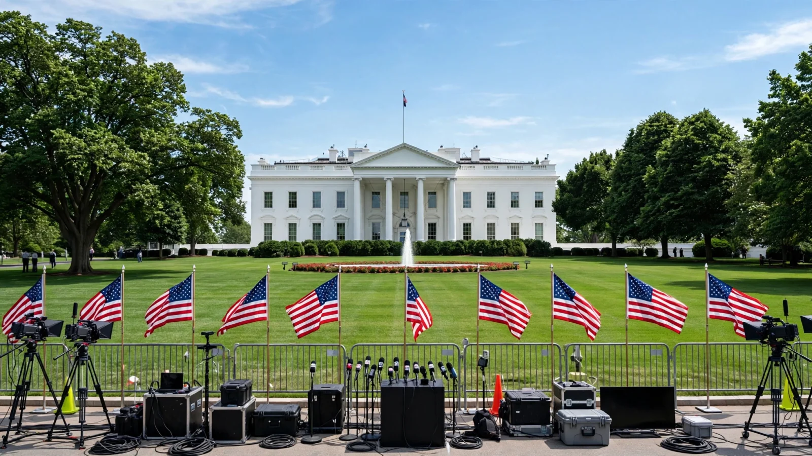 The White House north lawn with American flags and television cameras set up for a press event on a sunny day