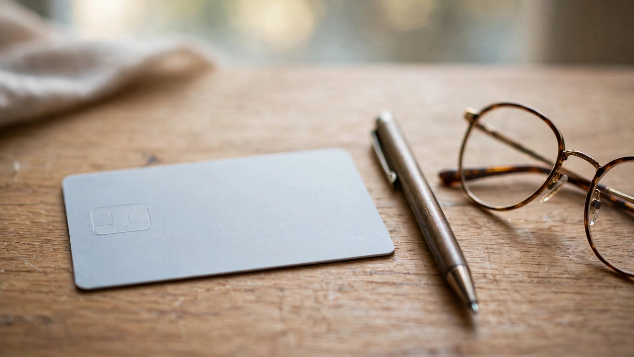 A blank insurance card, a pen, and reading glasses lying on a wooden desk