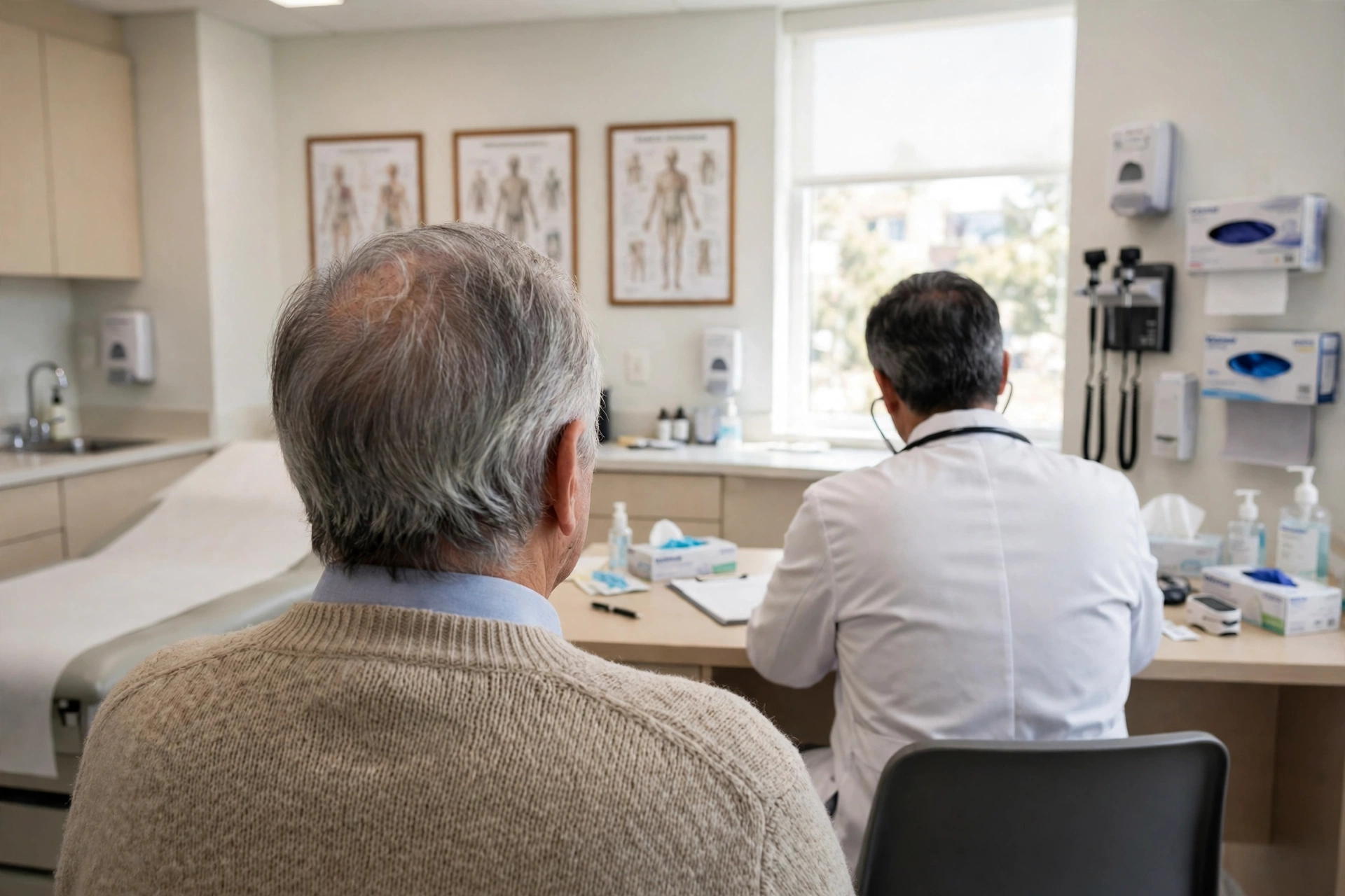 A doctor and an older patient seen from behind in a bright clinic exam room