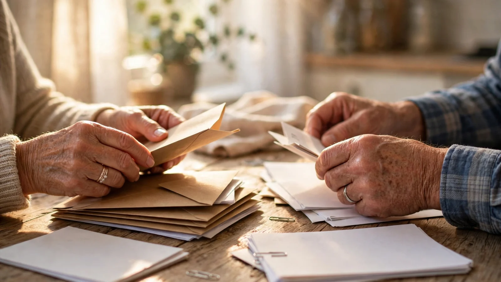 An older couple's hands sorting envelopes and paperwork on a kitchen table in warm morning light