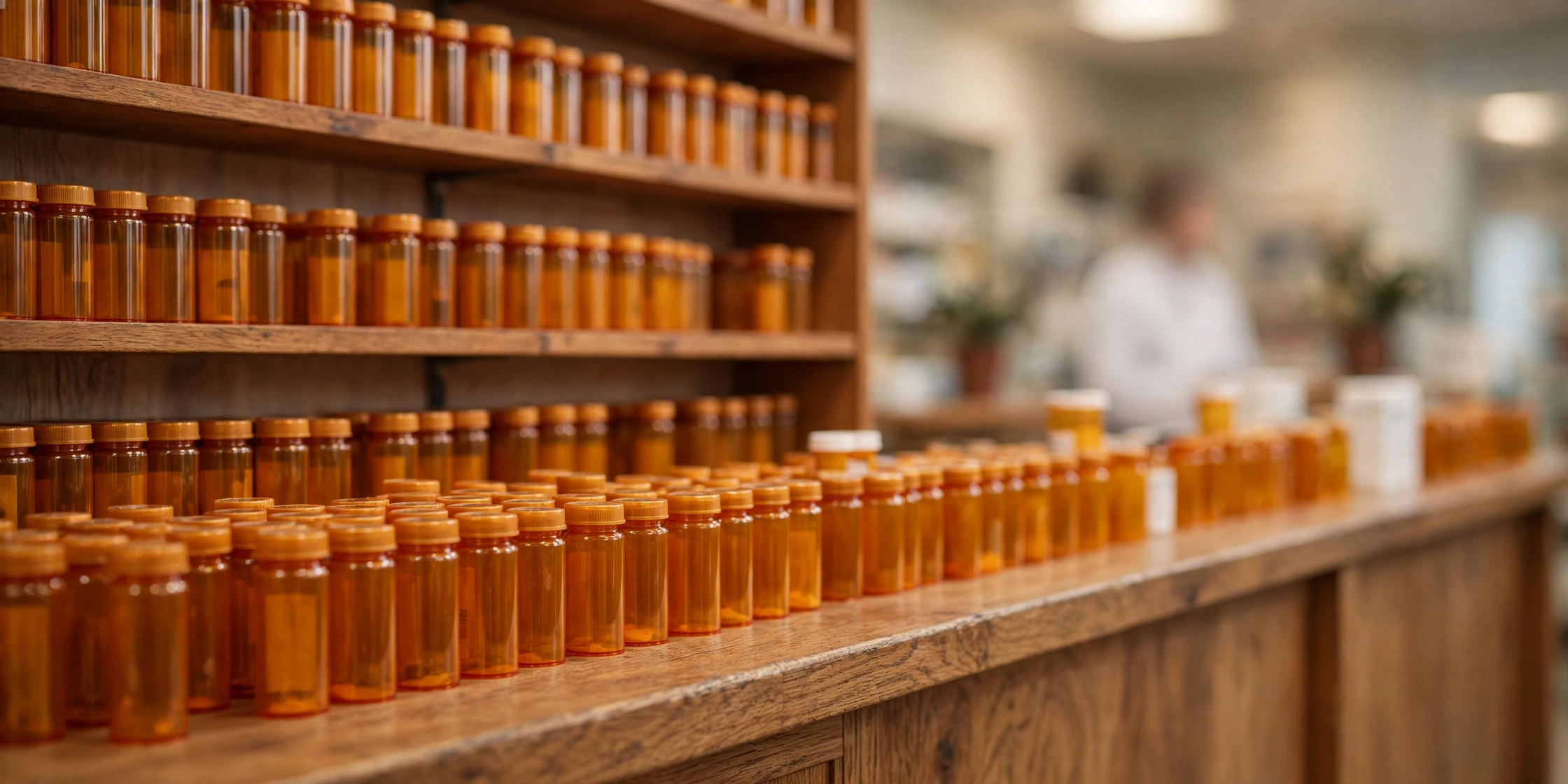 Amber prescription bottles lined up on pharmacy shelves and a counter, with a blurred pharmacist in the background