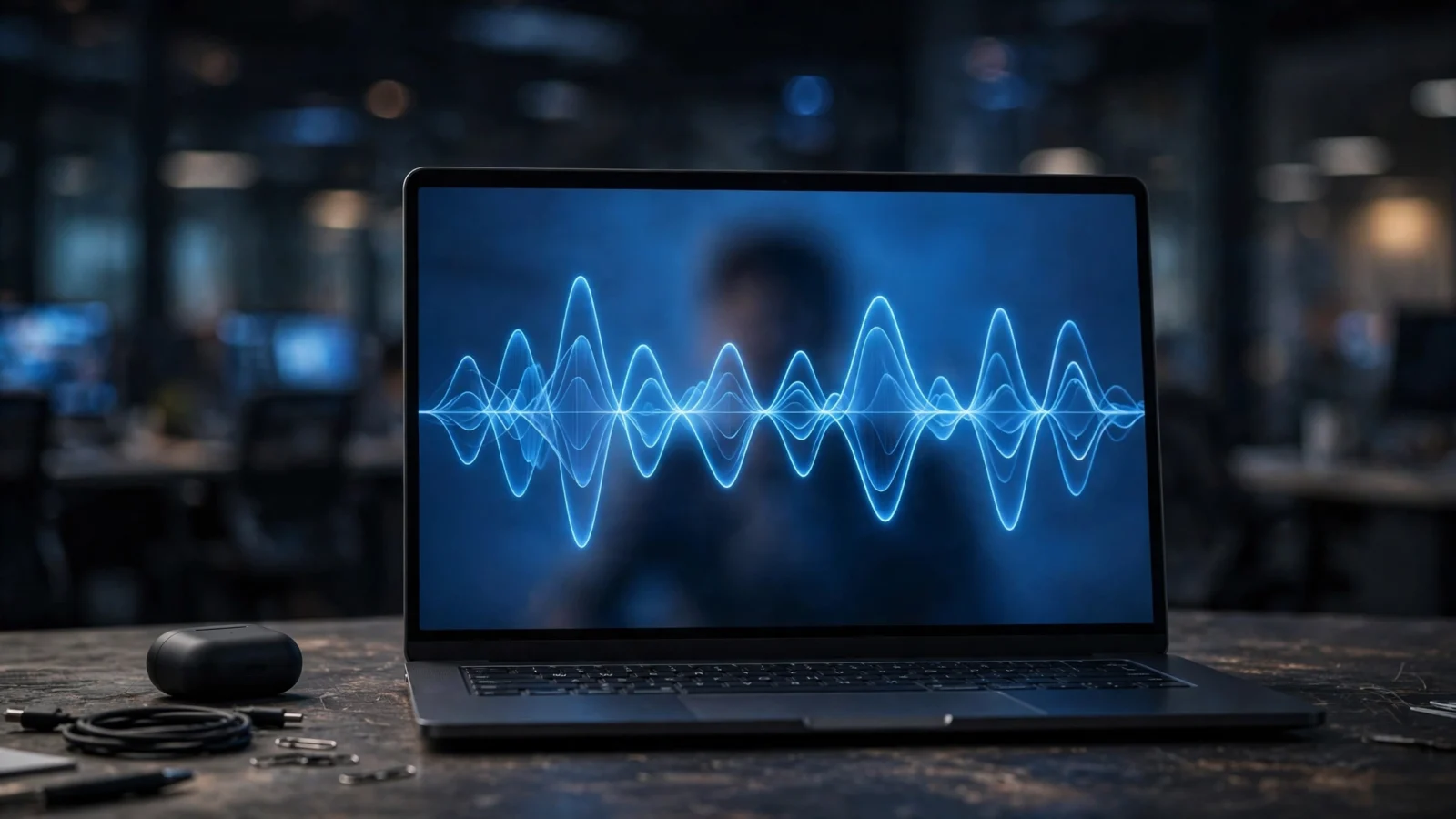 A laptop on a desk displays a glowing blue audio waveform against a blurred human silhouette, illustrating synthetic voice technology.