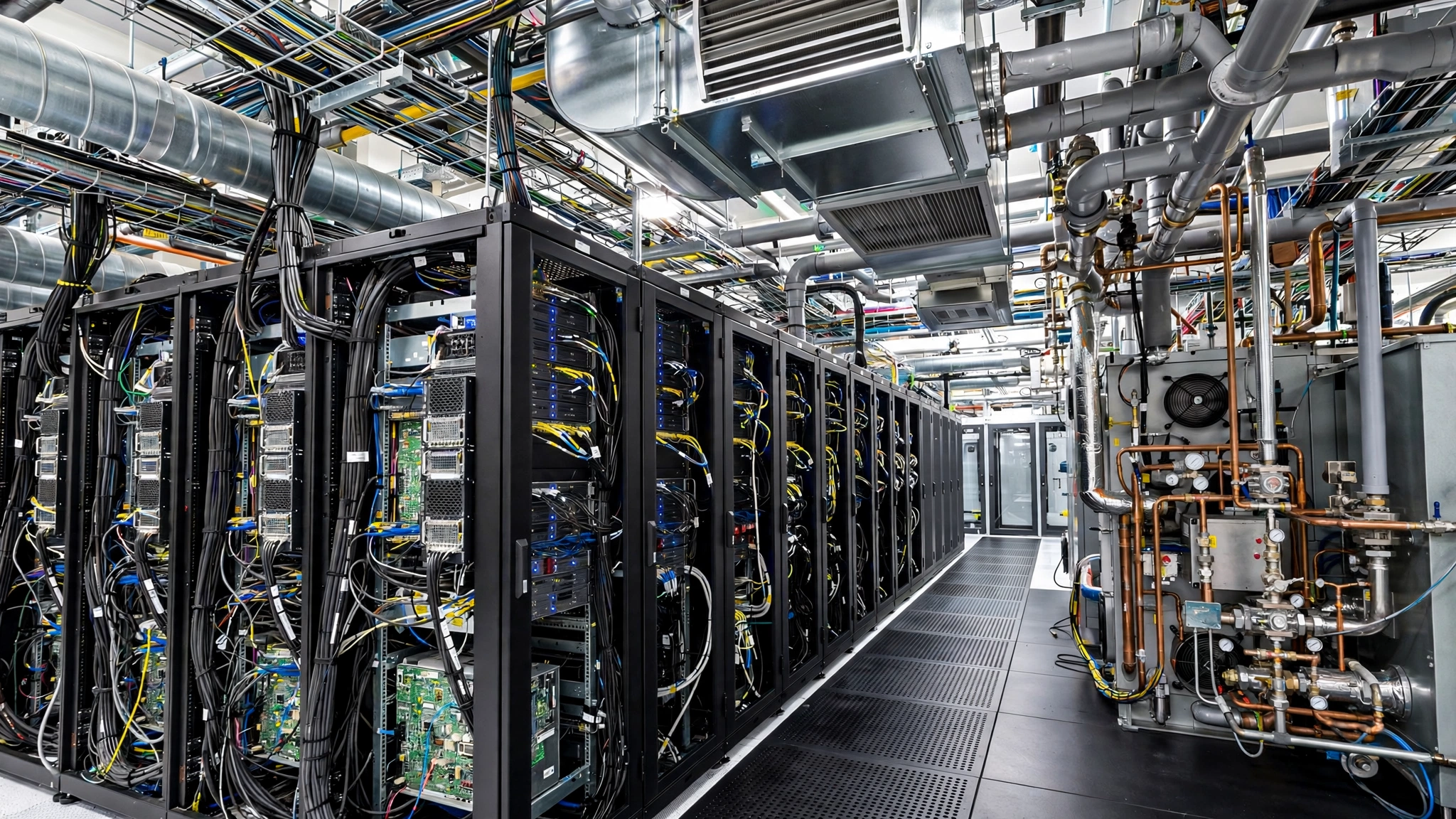 Rows of server racks with cables and cooling pipes in a data center