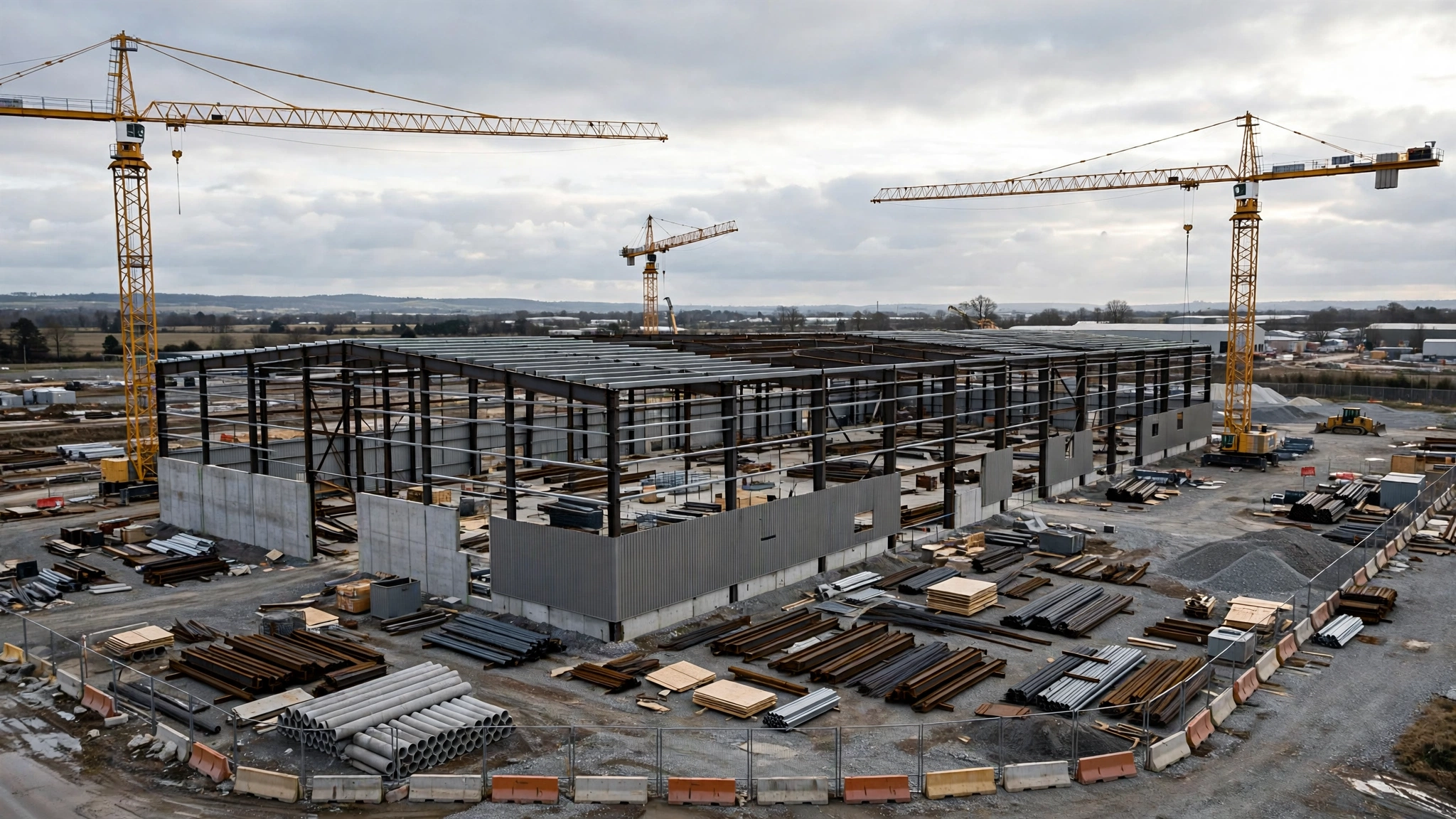 A large industrial building under construction with tower cranes and steel beams