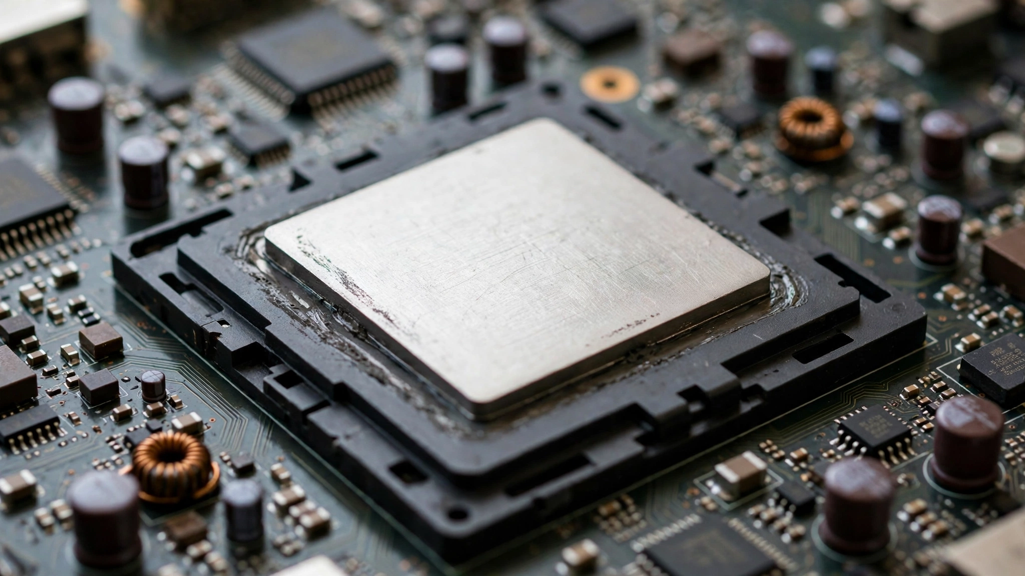 A close-up of a computer processor chip mounted on a circuit board