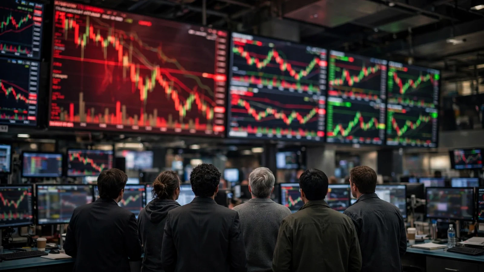 Traders on a stock exchange floor watching large screens of falling stock charts