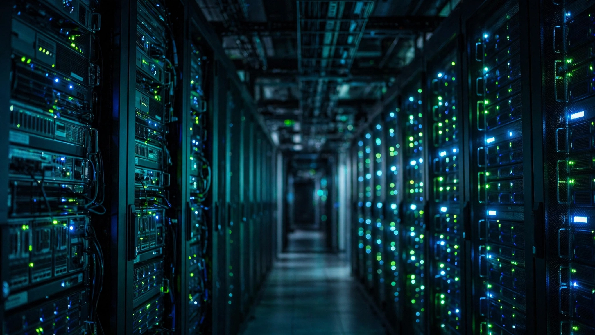 A corridor of server racks with blue and green indicator lights in a dark data center
