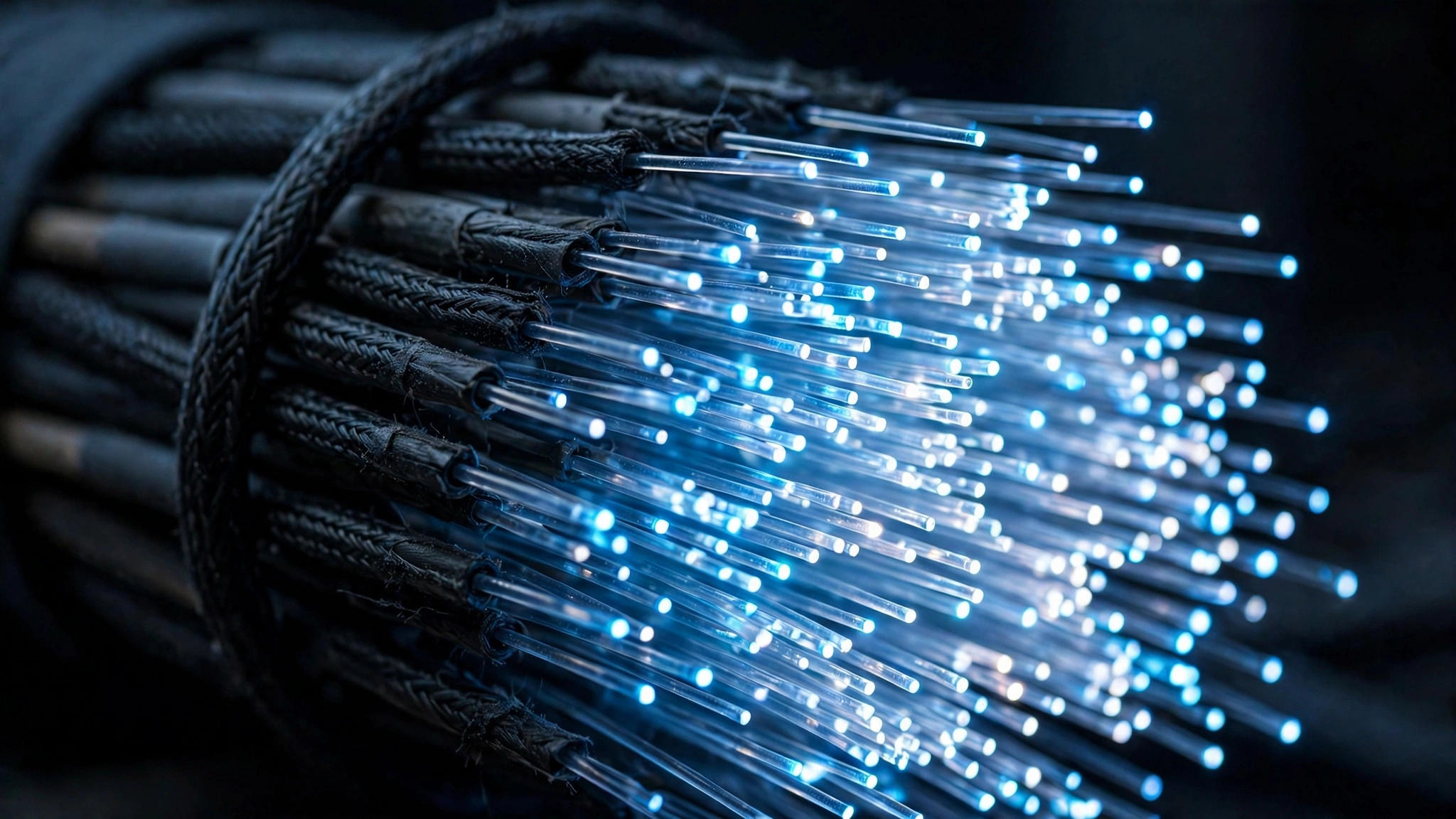 Bundles of glowing fiber optic cables in blue and white light