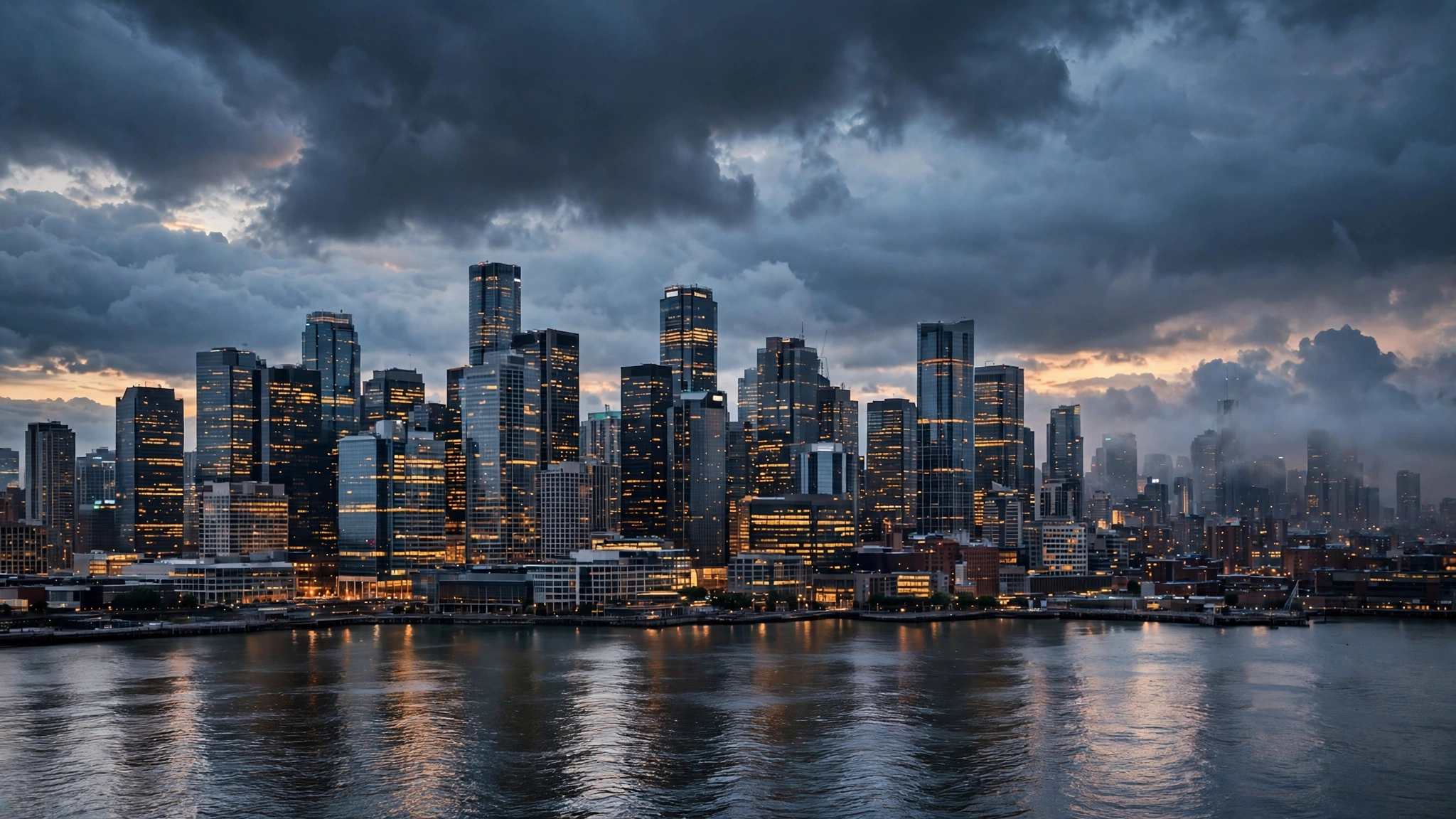 A city financial district skyline at dusk under dark clouds