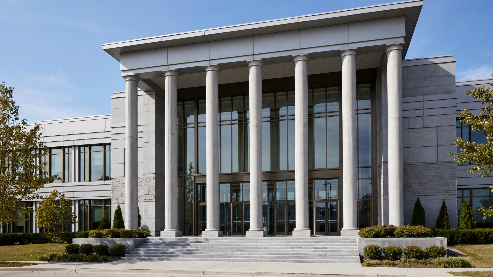 The columned entrance of a modern courthouse building