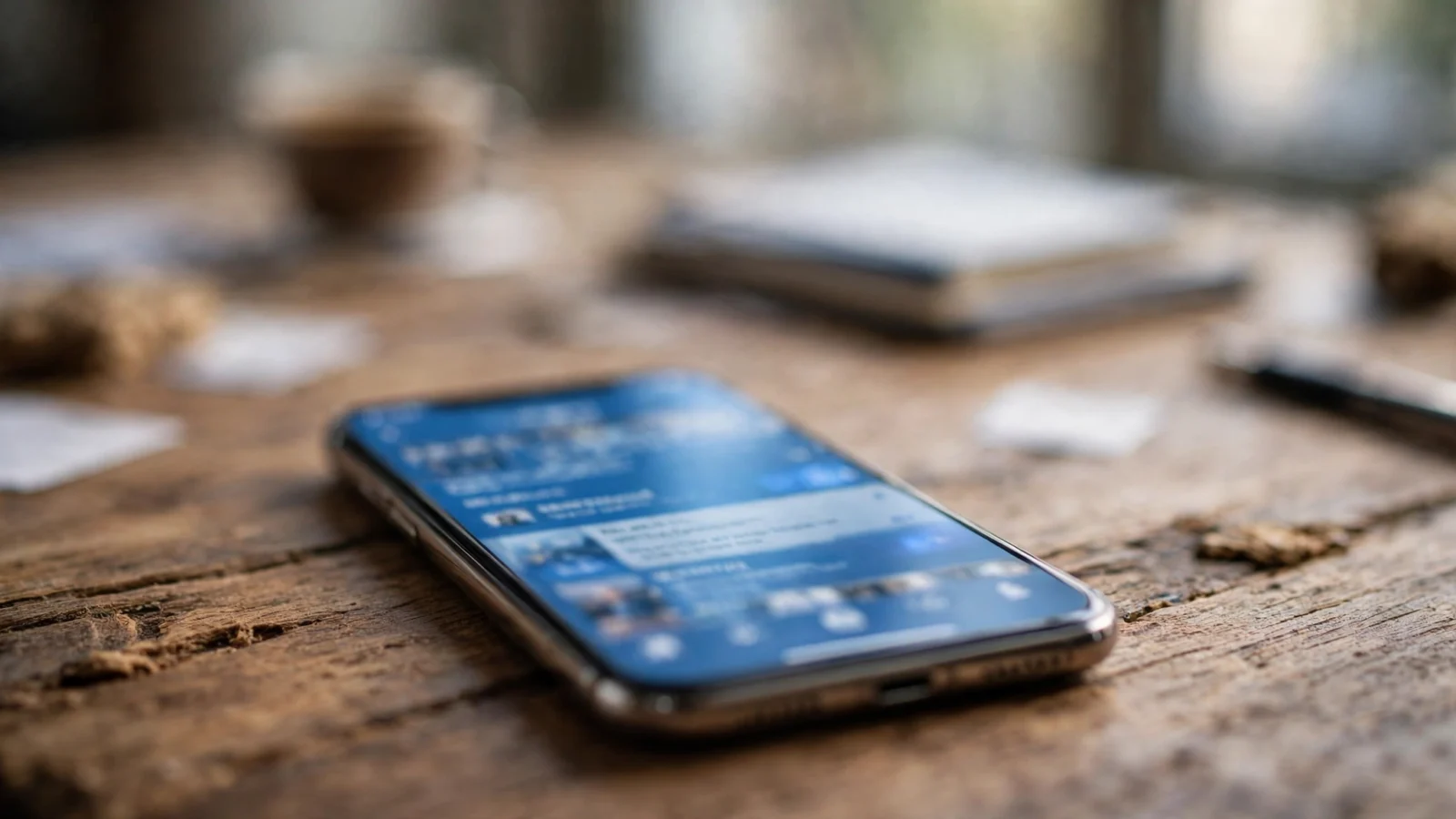 A smartphone on a wooden desk showing a blurred blue social media app on its screen