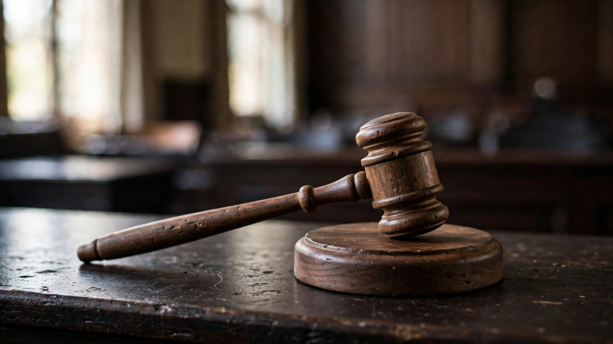 A wooden judge's gavel resting on its sound block on a courtroom bench