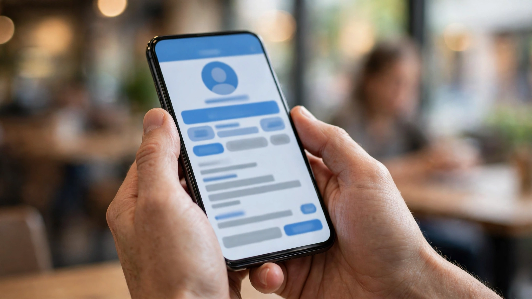 A person's hands holding a smartphone showing a generic blue social media profile screen