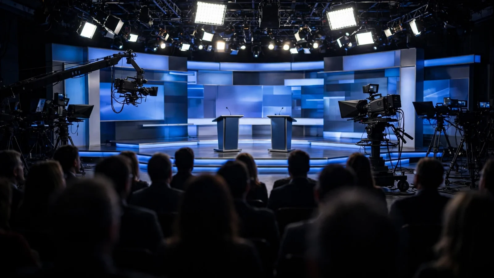 Two empty podiums on a blue-lit television debate stage with broadcast cameras and audience silhouettes in the foreground
