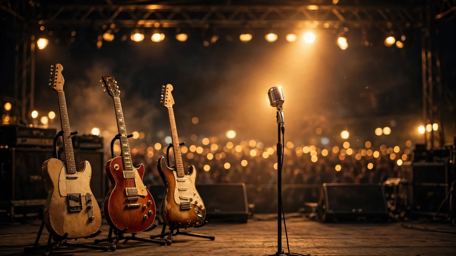 An empty rock concert stage at night with three electric guitars on stands and a vintage microphone in warm spotlight.