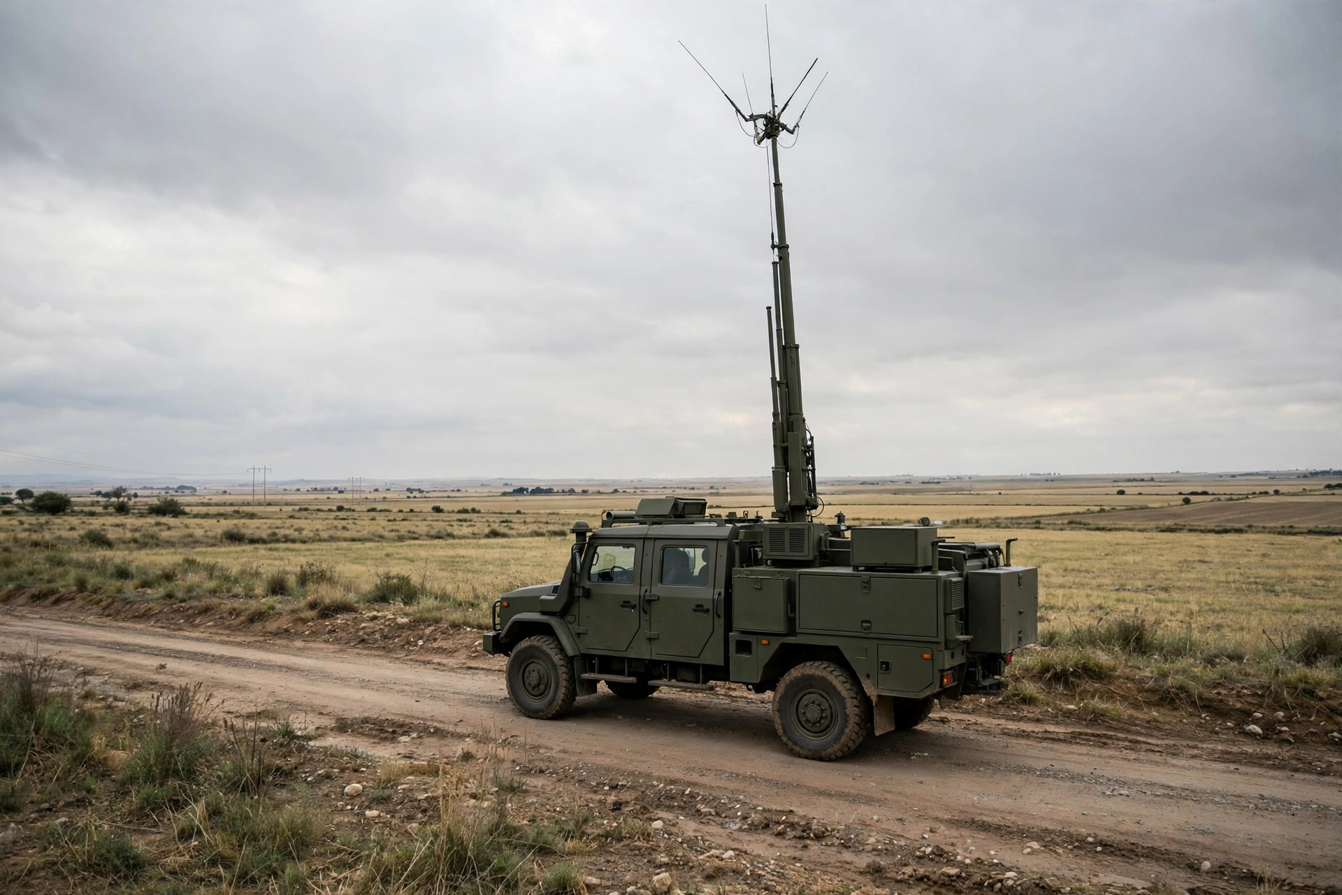 A green military communications vehicle with a raised antenna mast parked on a dirt road in open countryside.