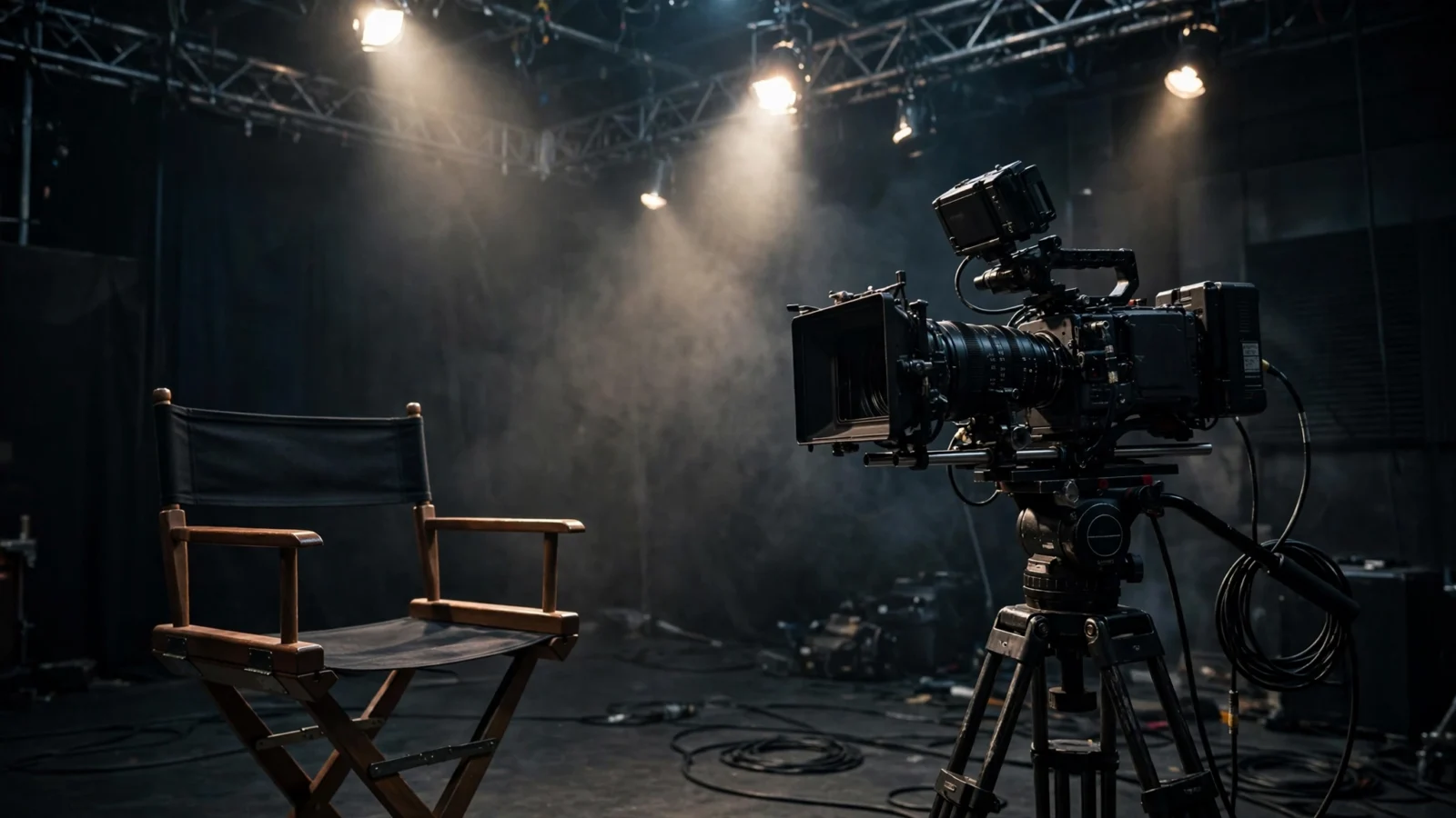 An empty director's chair and a professional film camera on a dark television studio set under spotlights