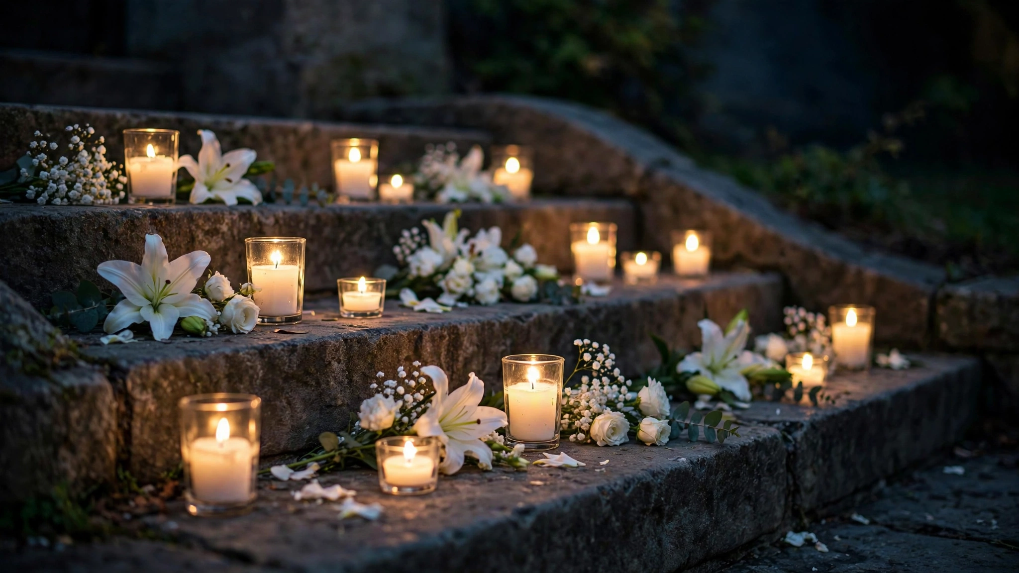 Lit candles and white lilies placed as a memorial on stone steps at night