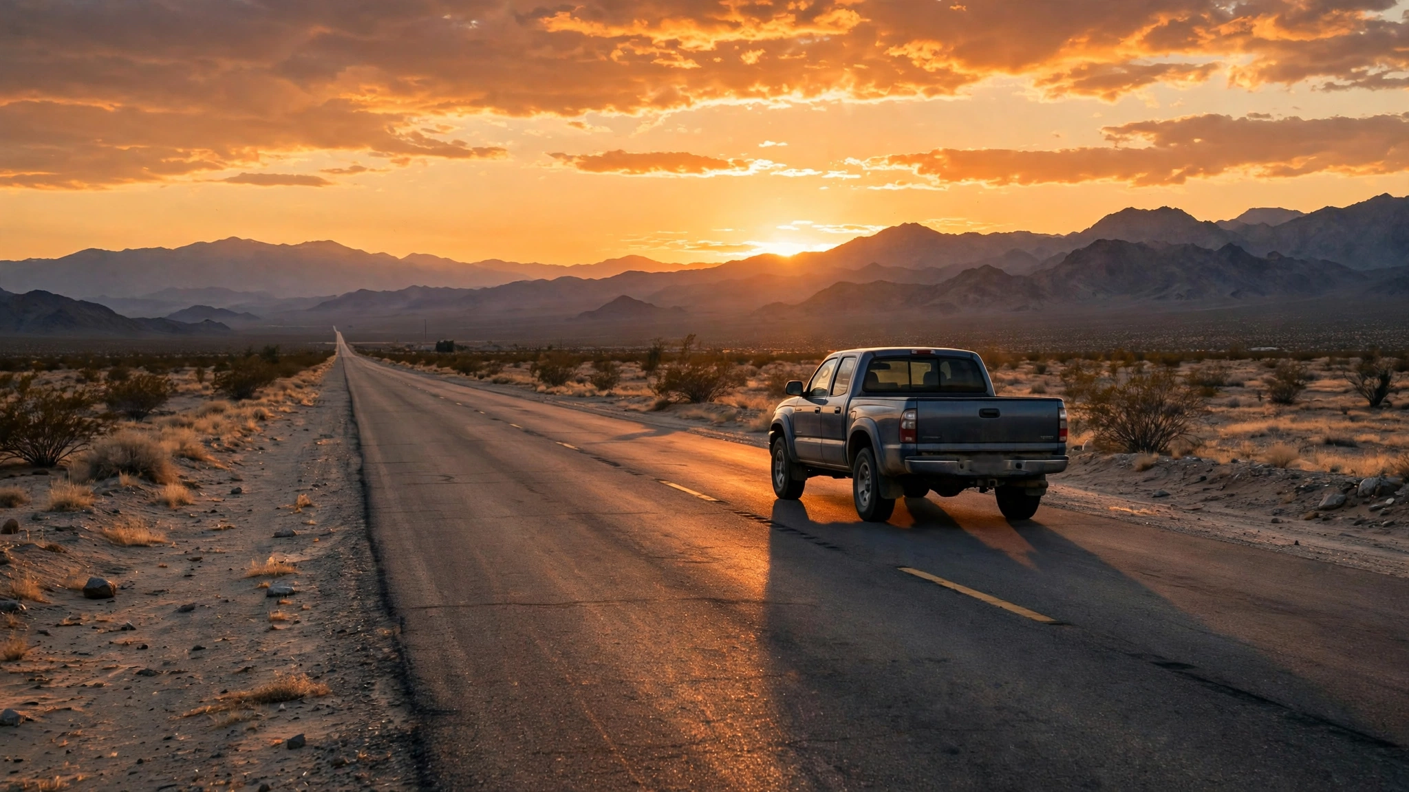A pickup truck driving on an empty desert highway at sunset with mountains in the distance