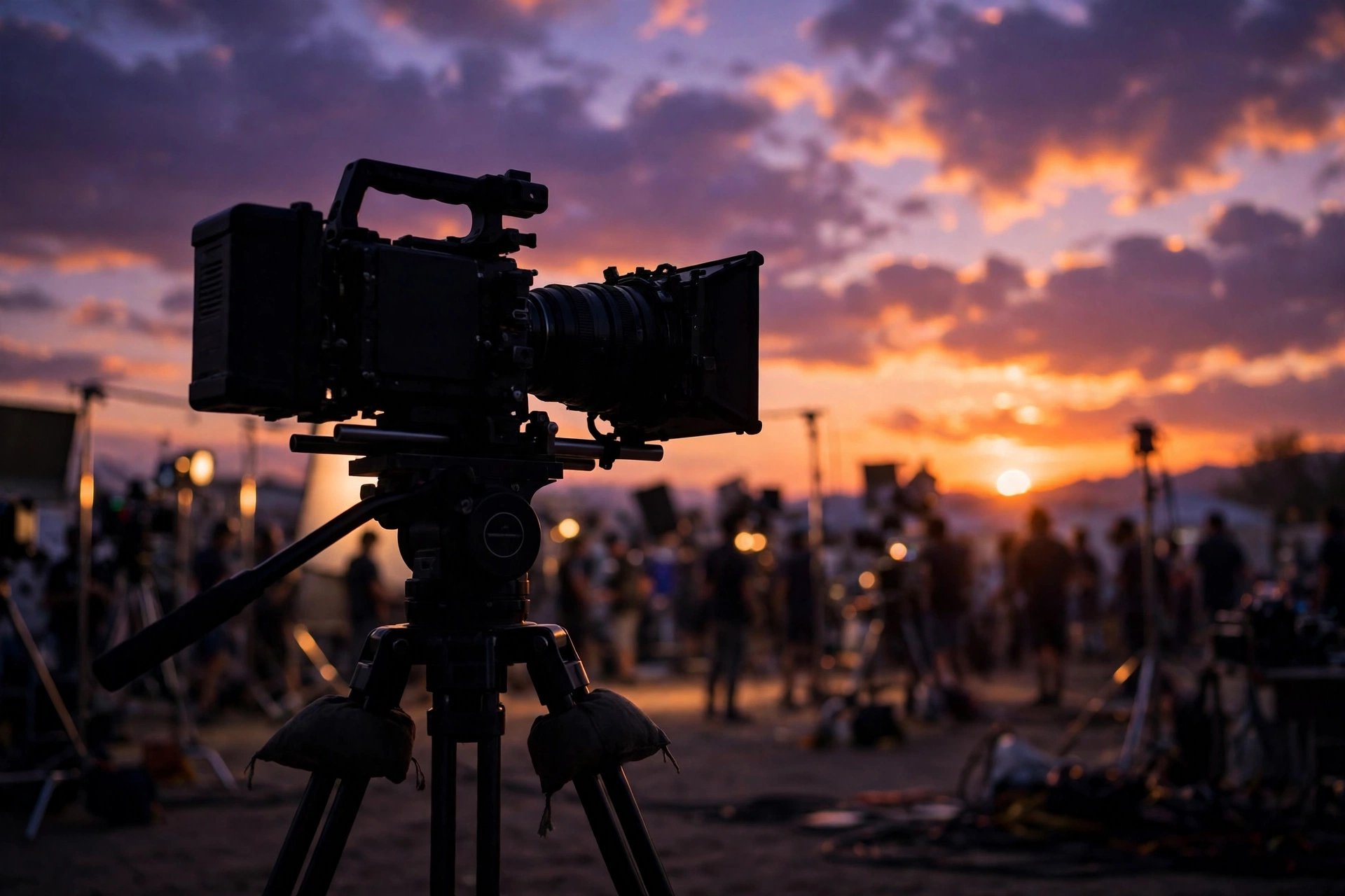 The silhouette of a film camera on a tripod against a sunset on a movie set