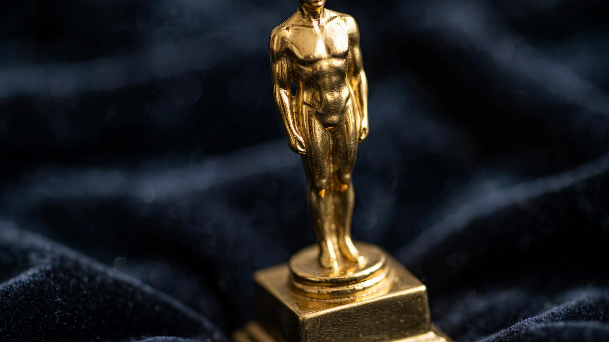 A golden award statuette on a dark velvet background