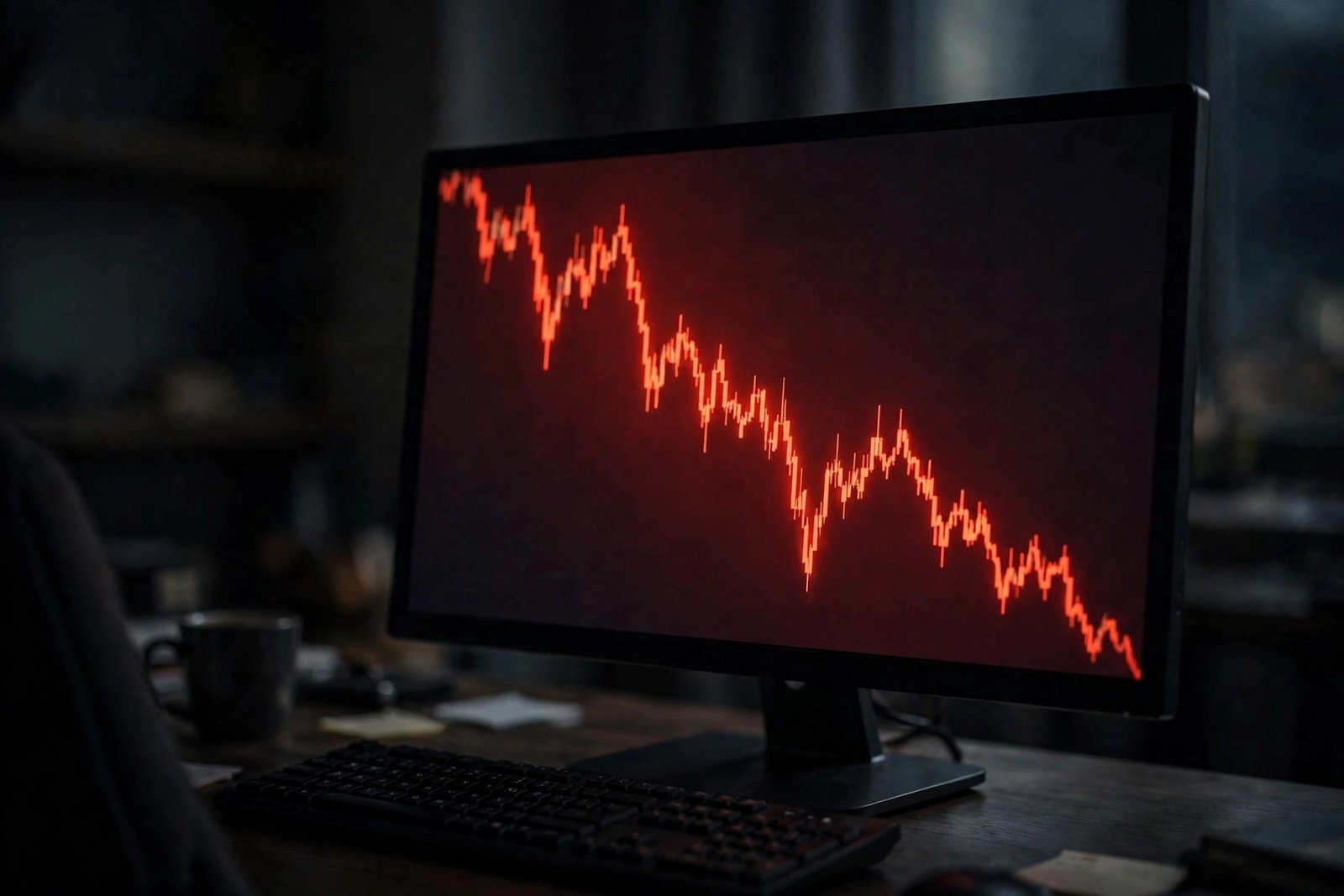 A red descending stock chart displayed on a computer monitor on a desk