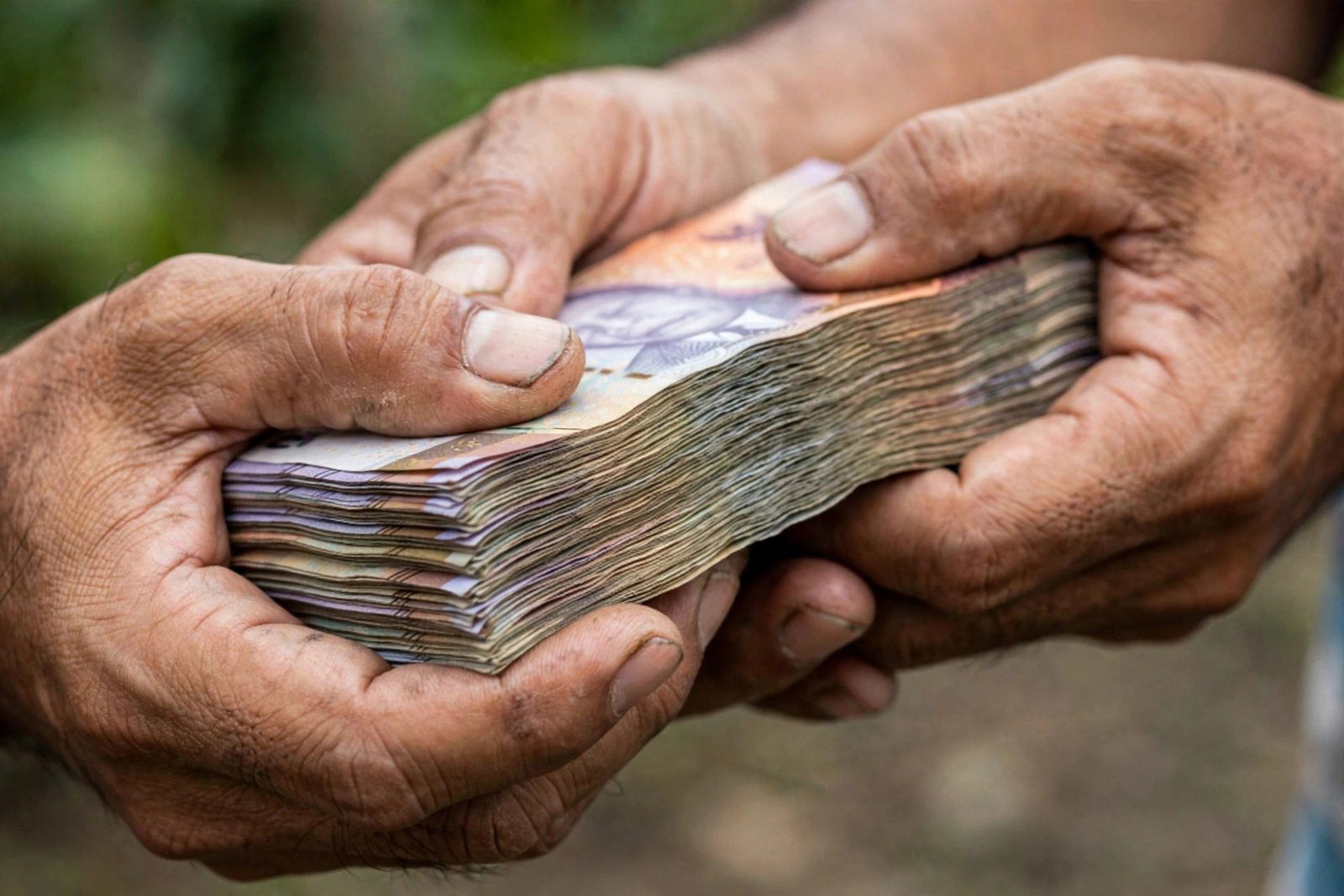 A person's hands holding a thick stack of Indonesian rupiah banknotes