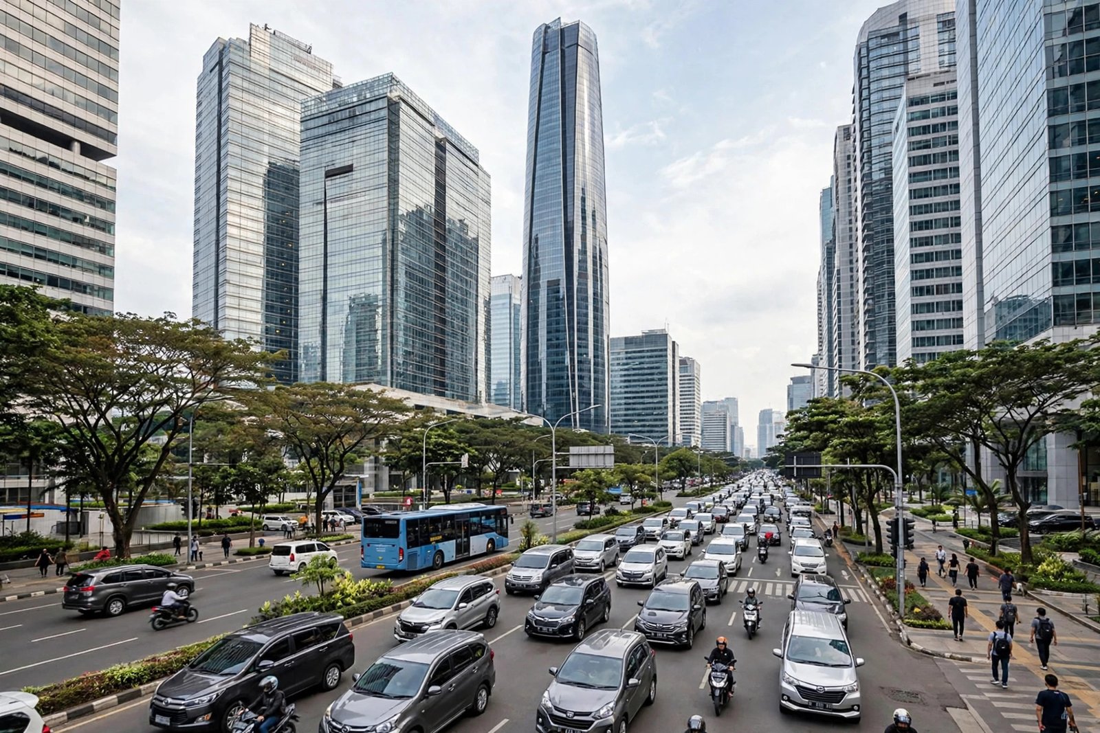 Glass office towers above a busy Jakarta street filled with cars, buses, and motorbikes