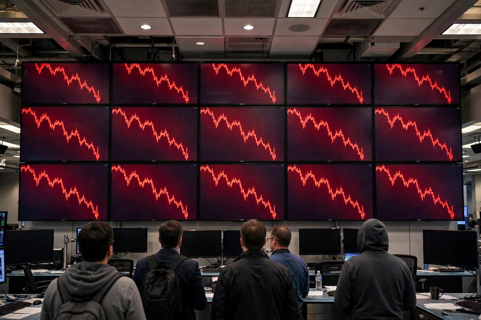 People standing before a wall of monitors showing red downward stock charts on a trading floor