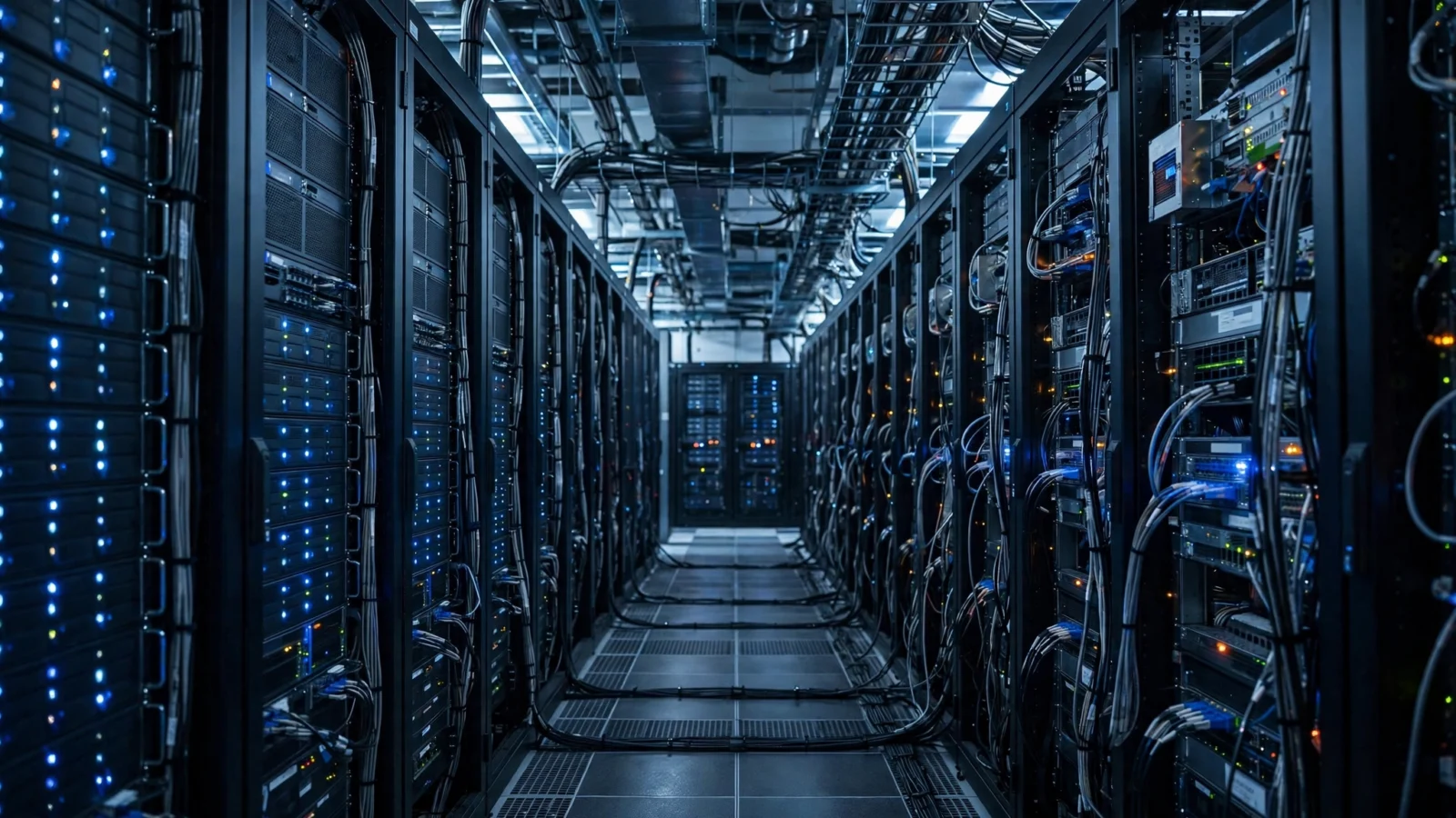 A long aisle of glowing blue server racks inside a data center.