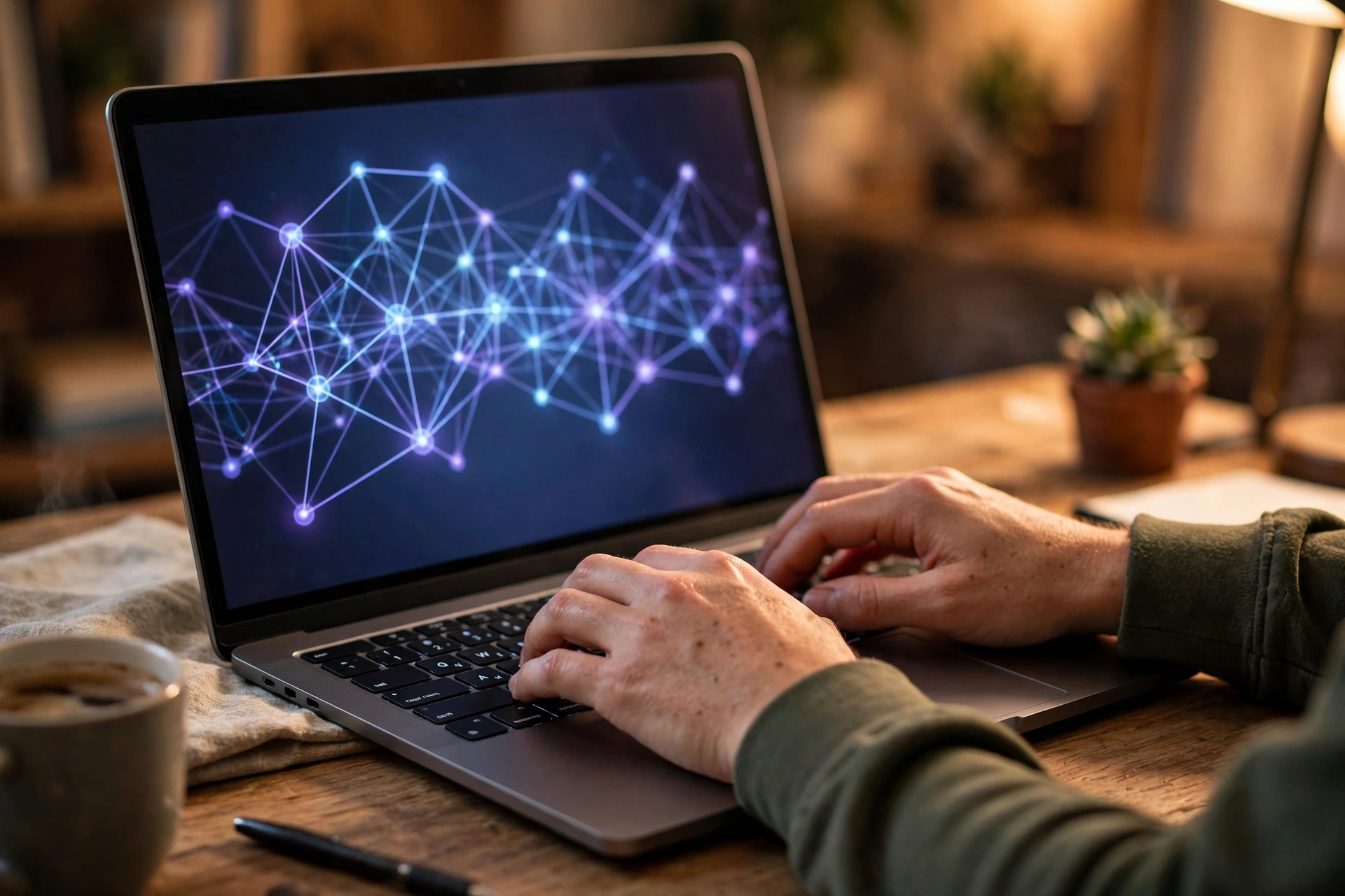A person's hands typing on a laptop showing an abstract network visualization on its screen.