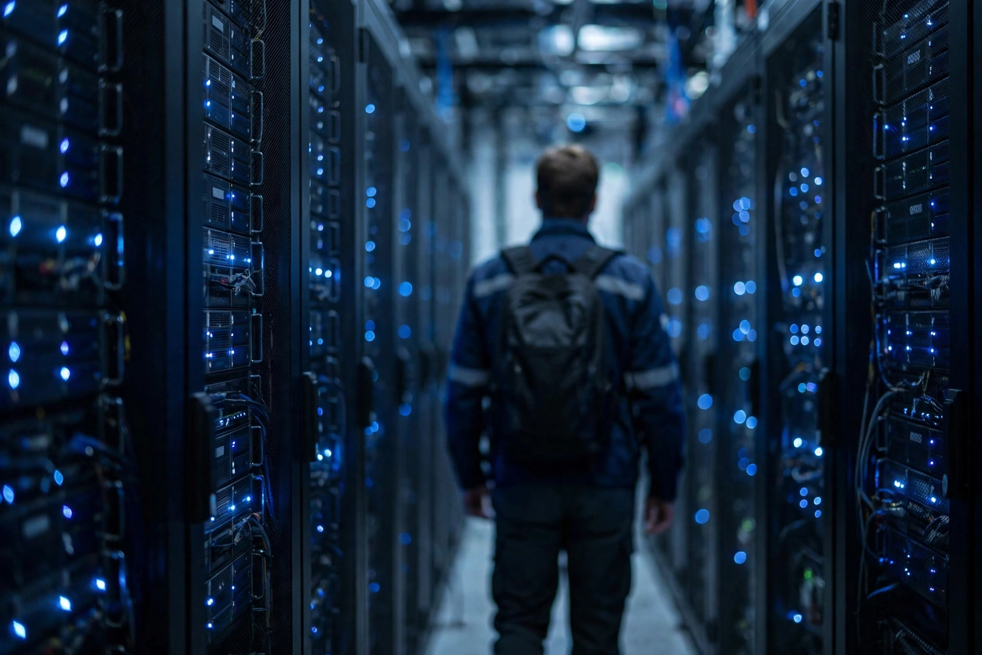 An engineer walking down an aisle between server racks in a data center, seen from behind.