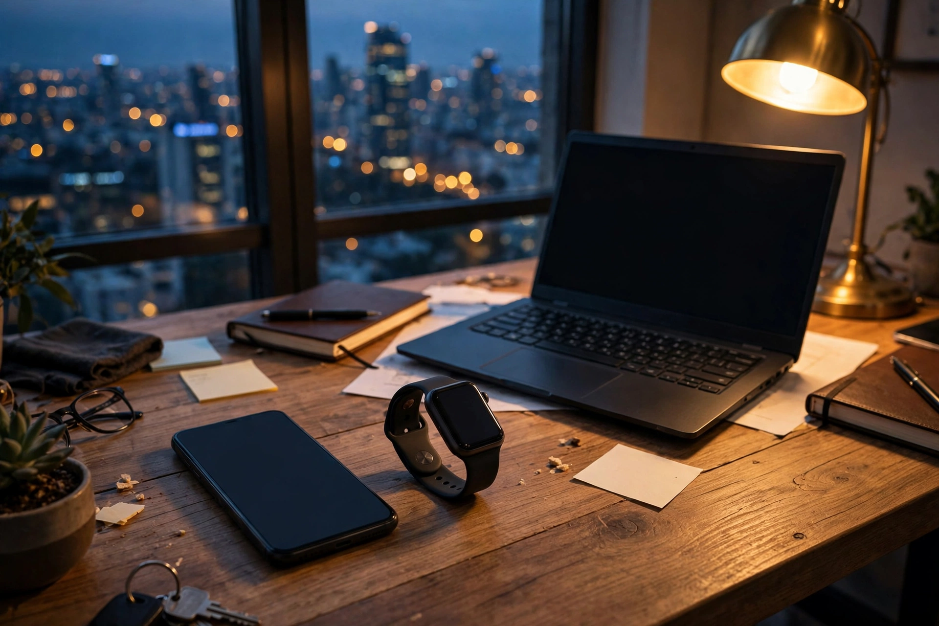 A smartphone, smartwatch and laptop with dark screens on a desk at dusk, city lights in the window behind.