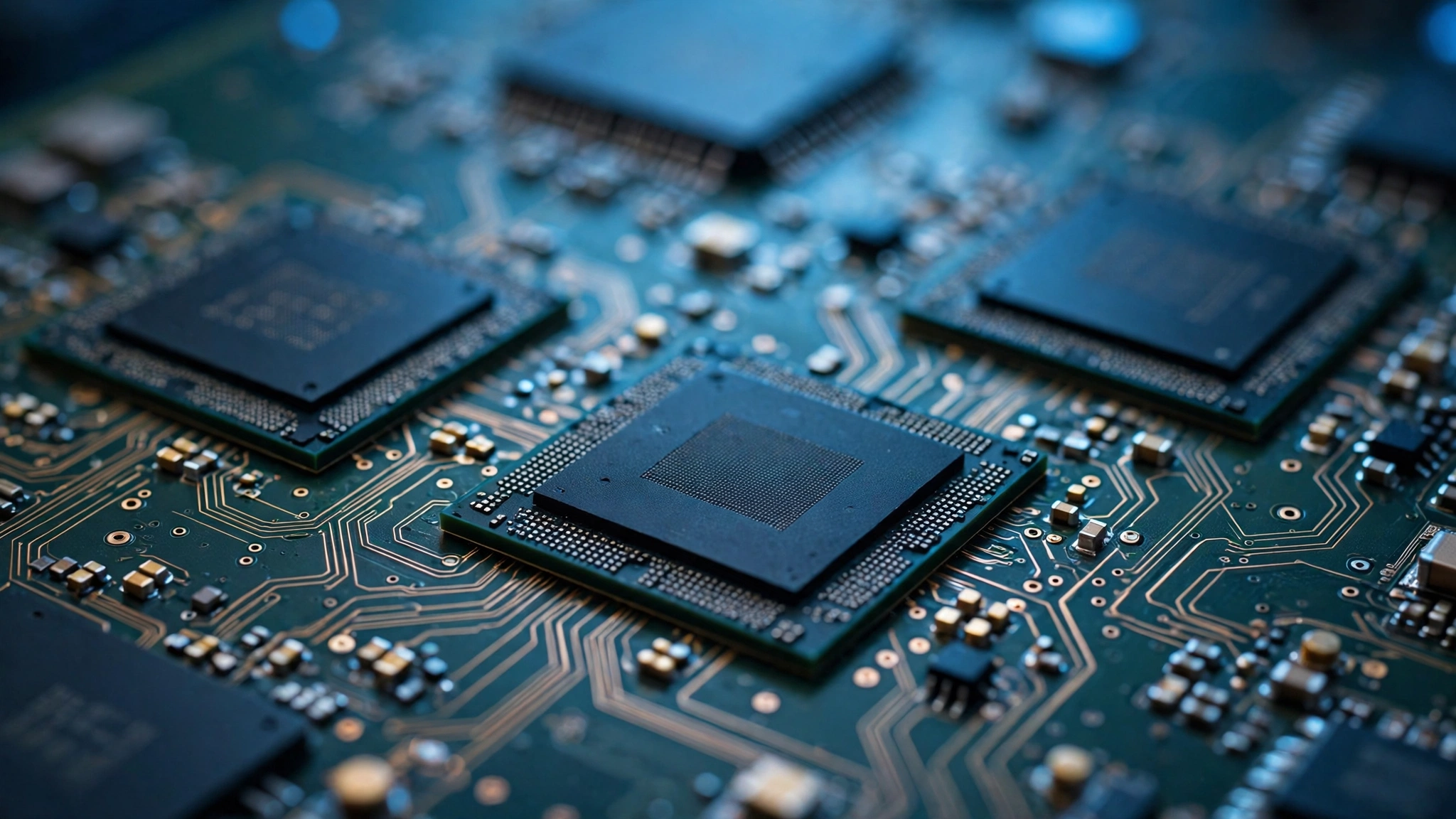 A close-up of computer processor chips mounted on a dark circuit board