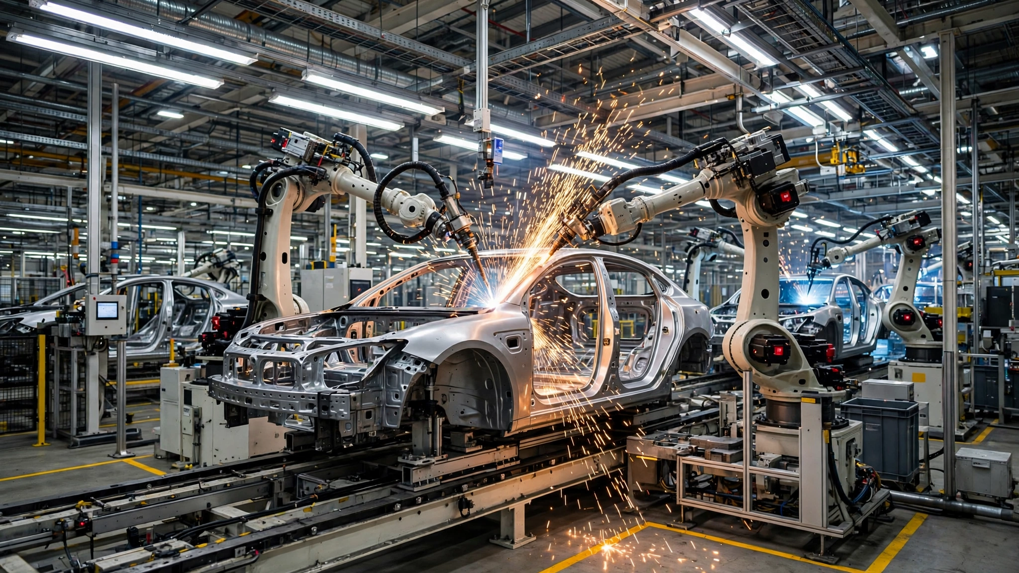 Robotic arms assembling car bodies on an automated production line inside a car factory