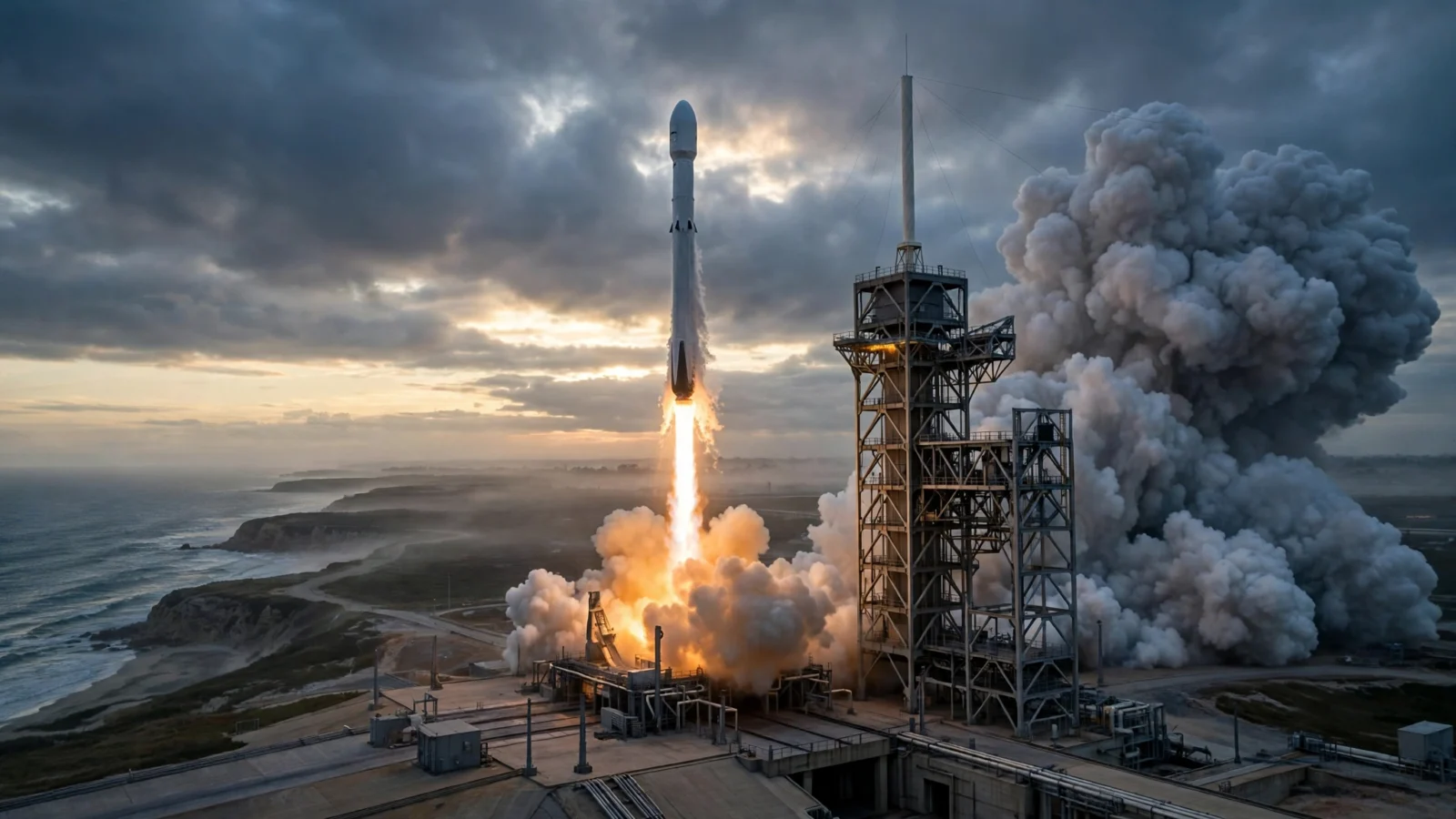 A rocket lifting off from a coastal launch pad at dawn, with a large plume of exhaust smoke and a launch tower nearby
