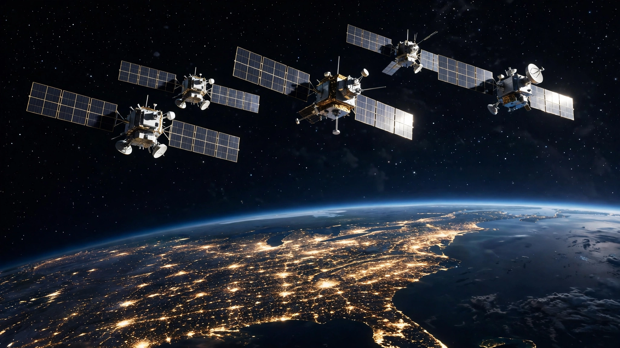 A constellation of communications satellites flying in formation above Earth's night side