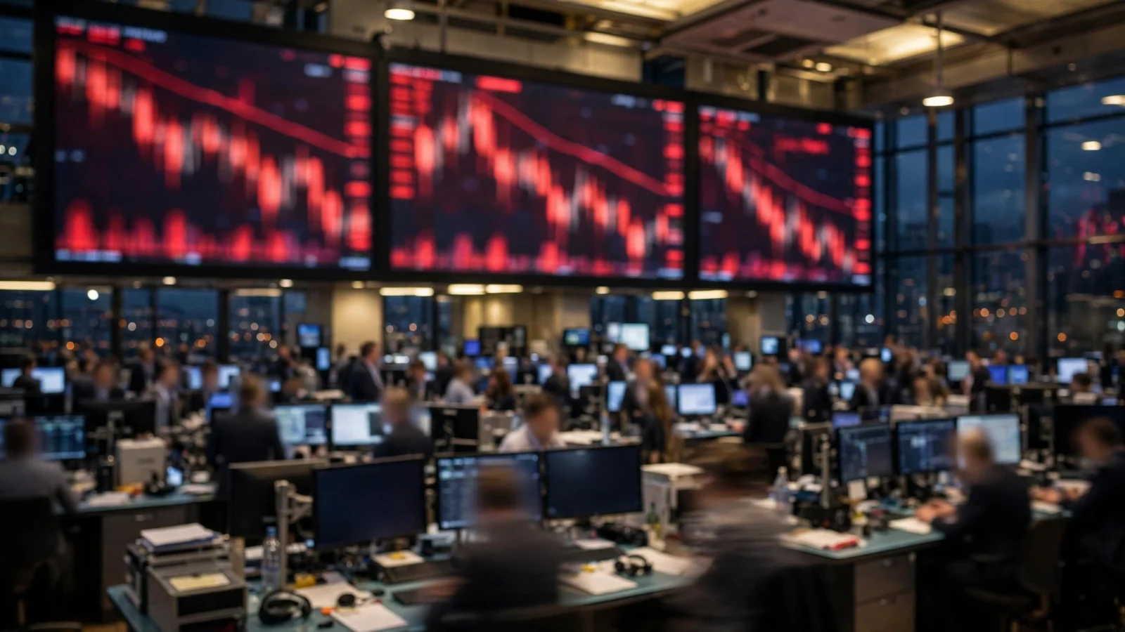 Trading floor with large screens showing red downward stock charts above rows of desks and monitors
